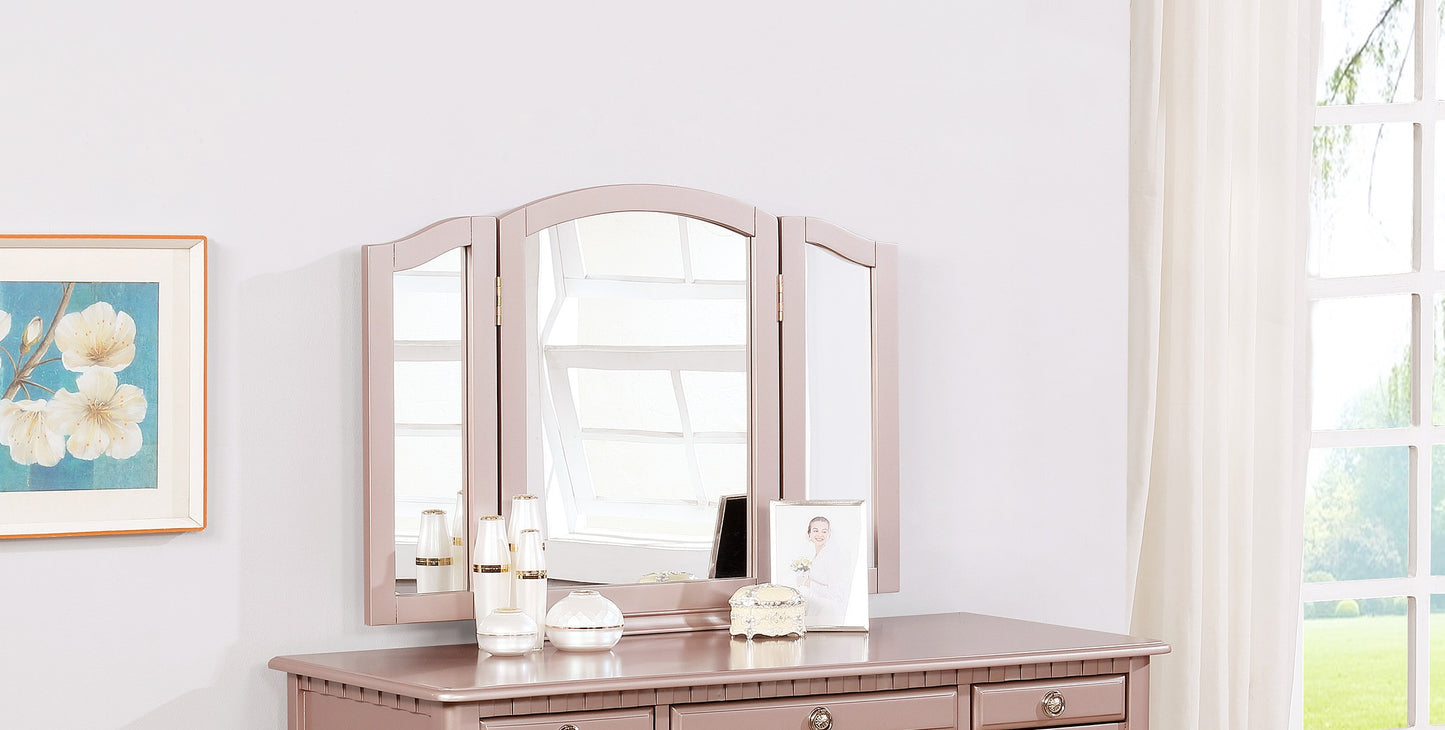 Rose gold trifold vanity mirror with arched top panels