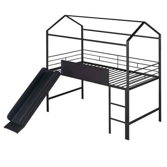 Black metal loft bed frame with house roof design and slide