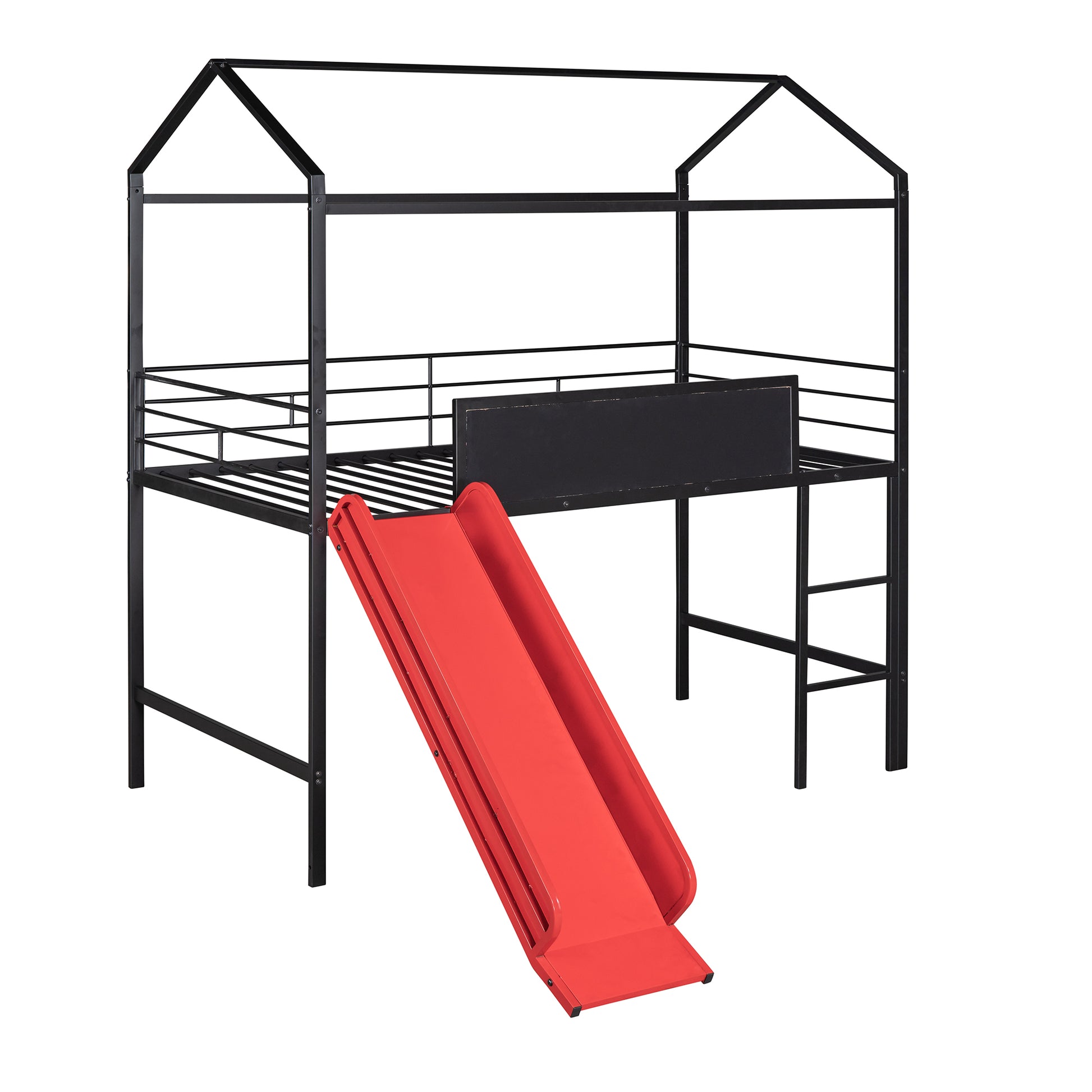 Black metal loft bed with house frame and red slide
