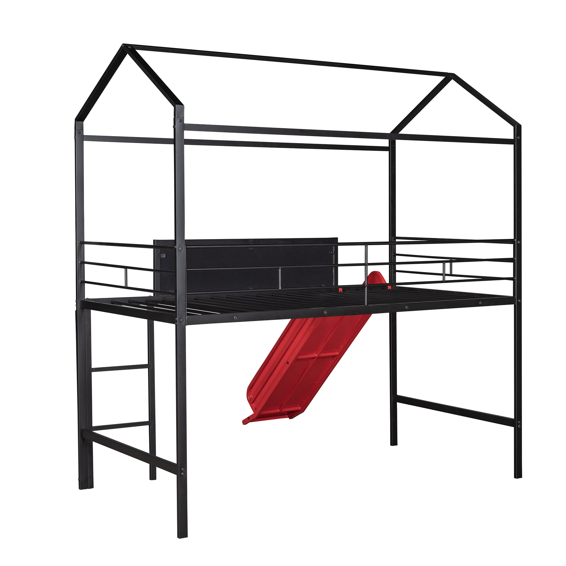 Black metal house frame loft bed with red slide