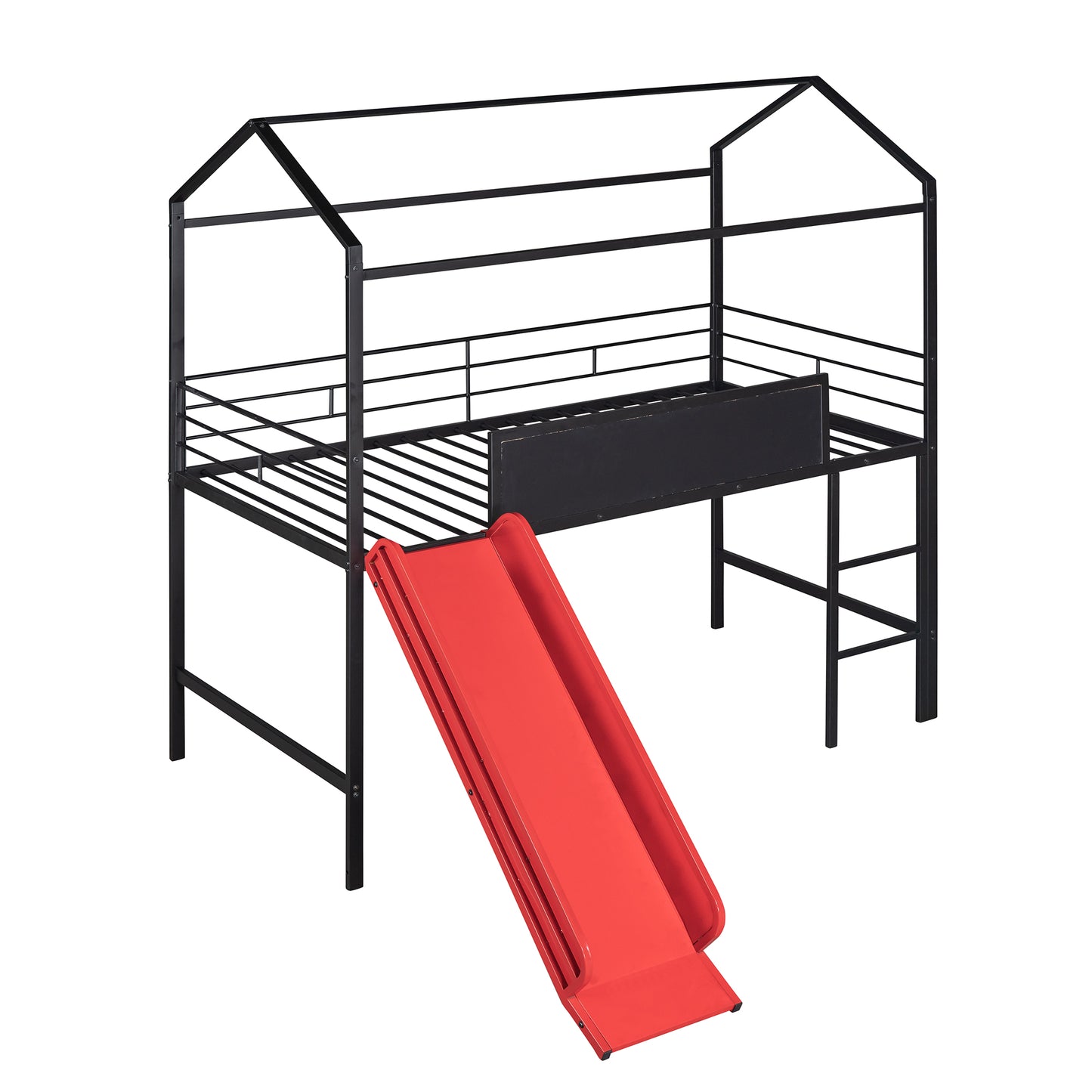 Black metal house frame loft bed with red slide