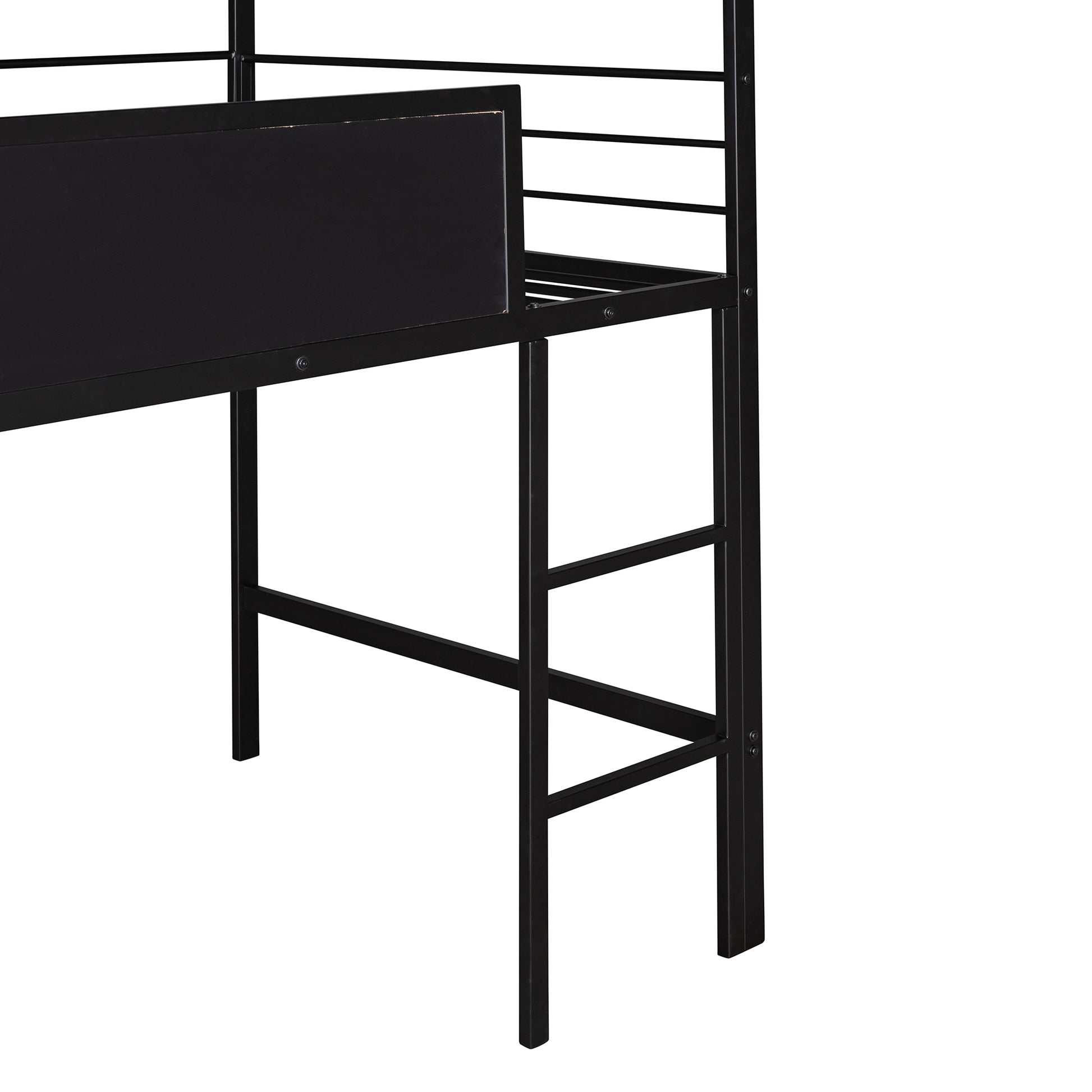 Black metal loft bed frame with ladder detail