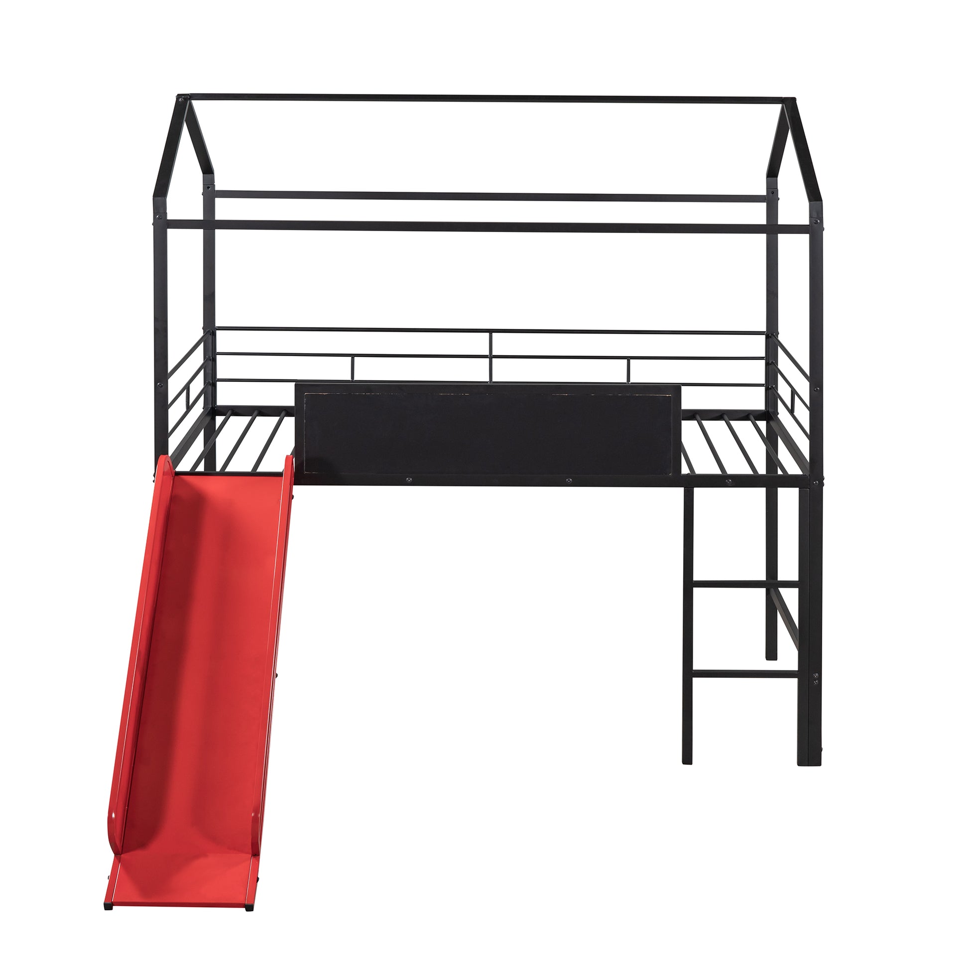 Black metal houseframe loft bed with a red slide and ladder