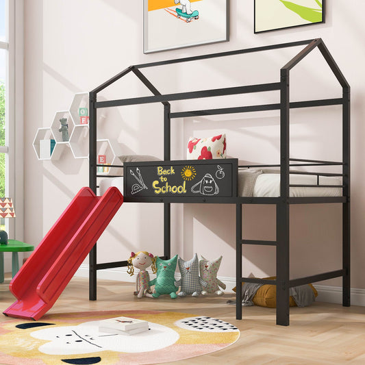 Black metal loft bed with red slide and playful pillows