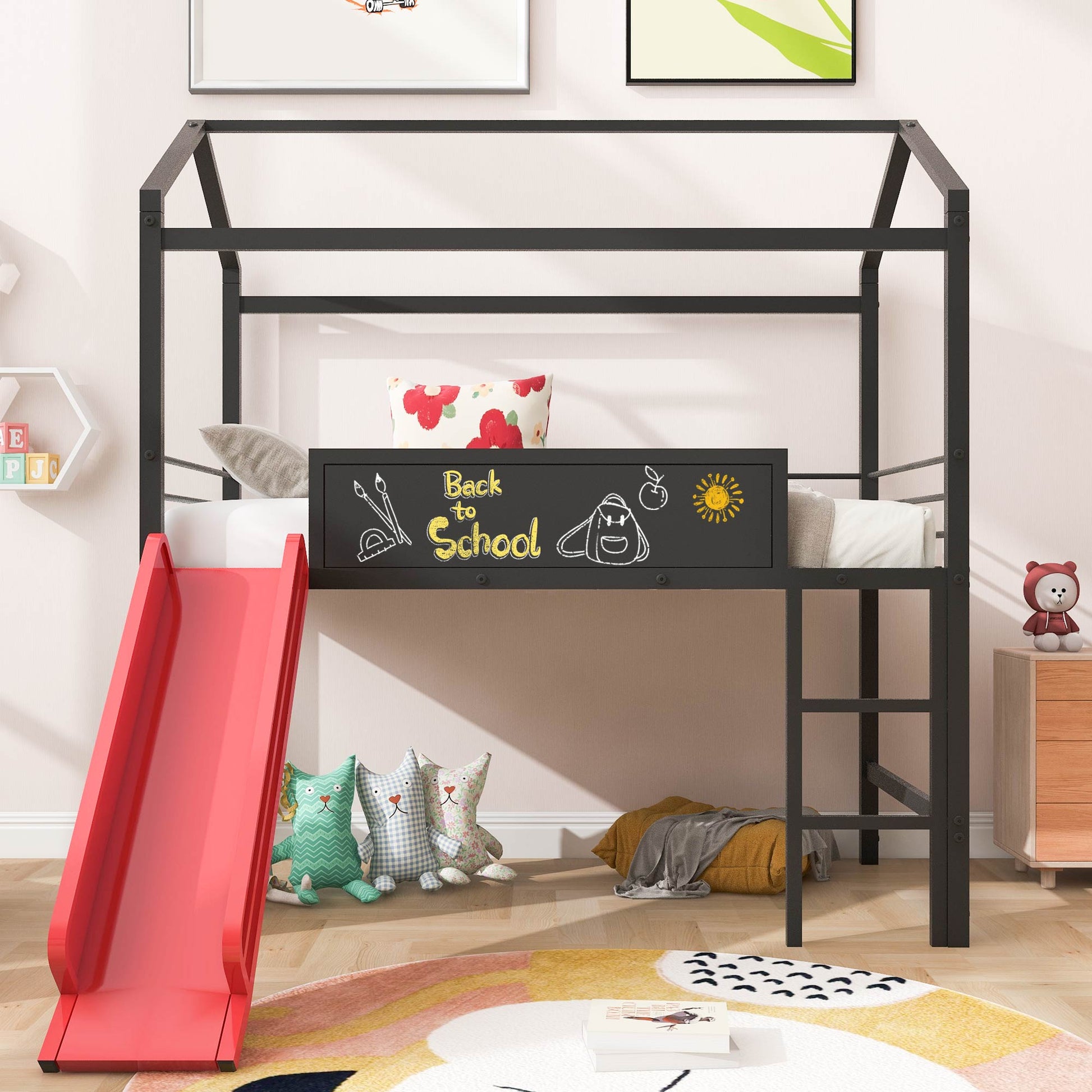 Black metal house frame bed with red slide and blackboard