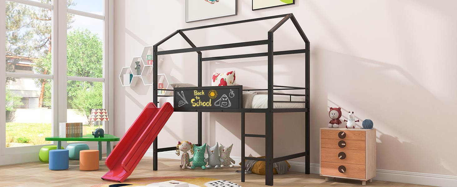 Black metal twin loft bed with red slide for kids bedroom featuring a house frame