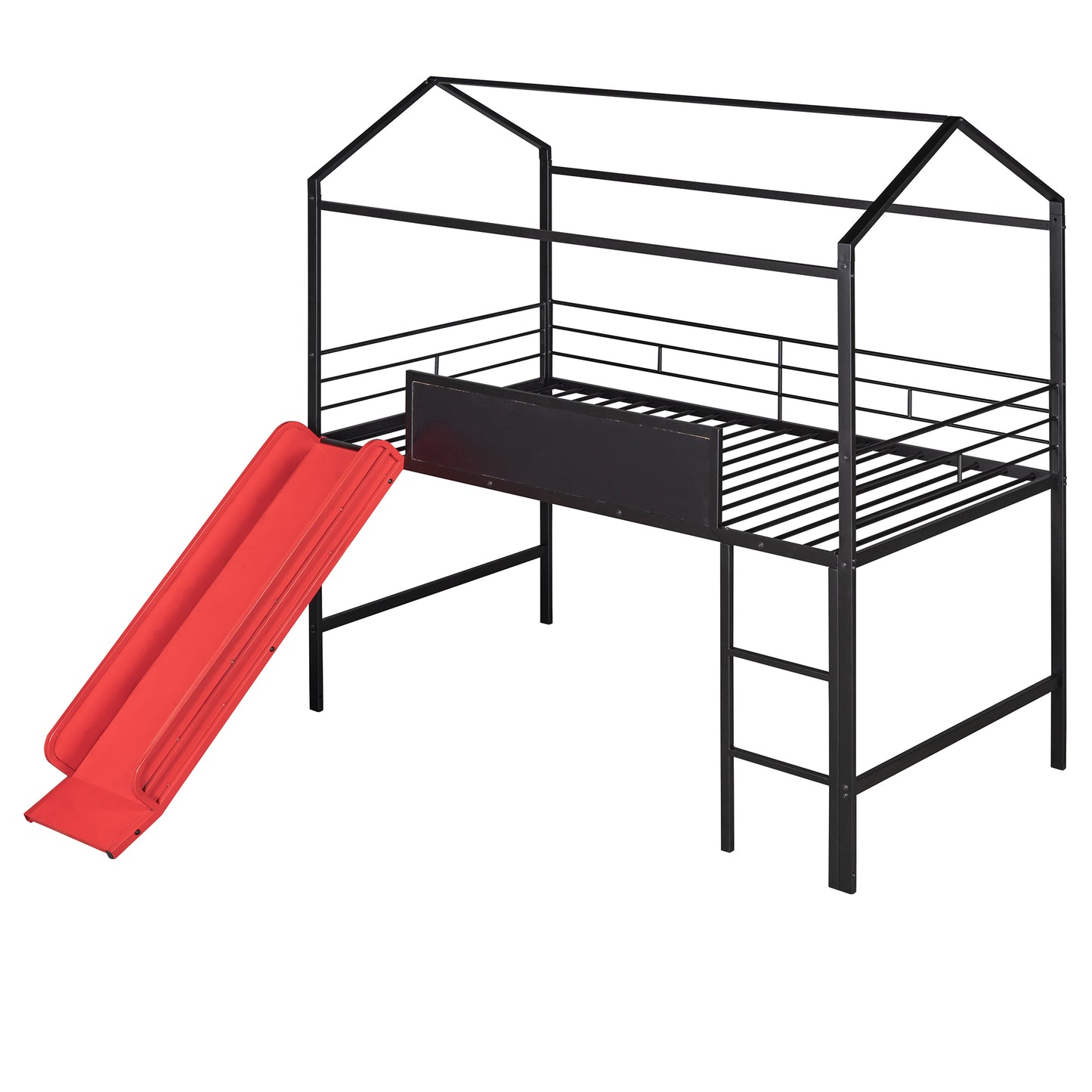 Black metal house bed frame with red slide