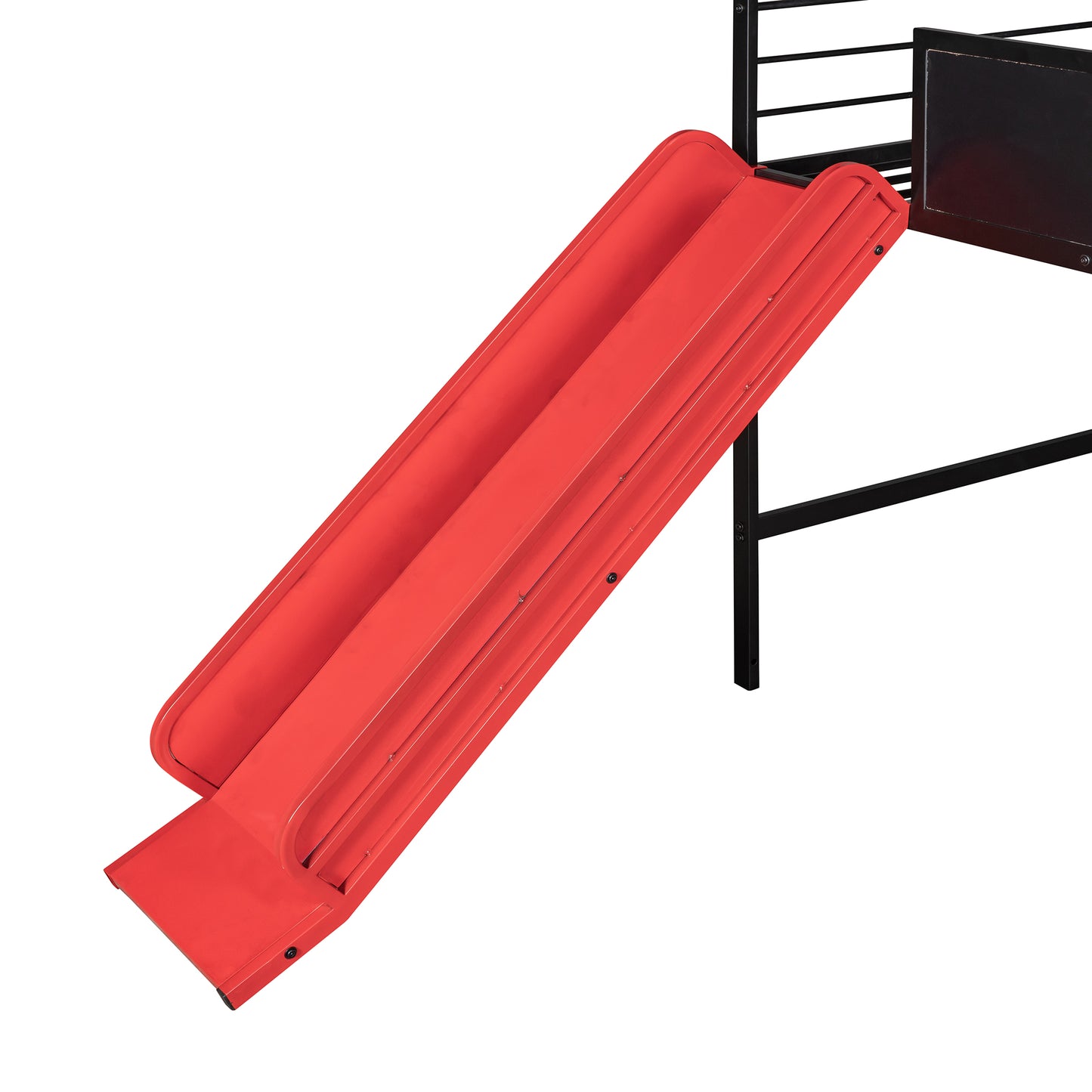Red plastic slide attached to black metal bunk bed frame