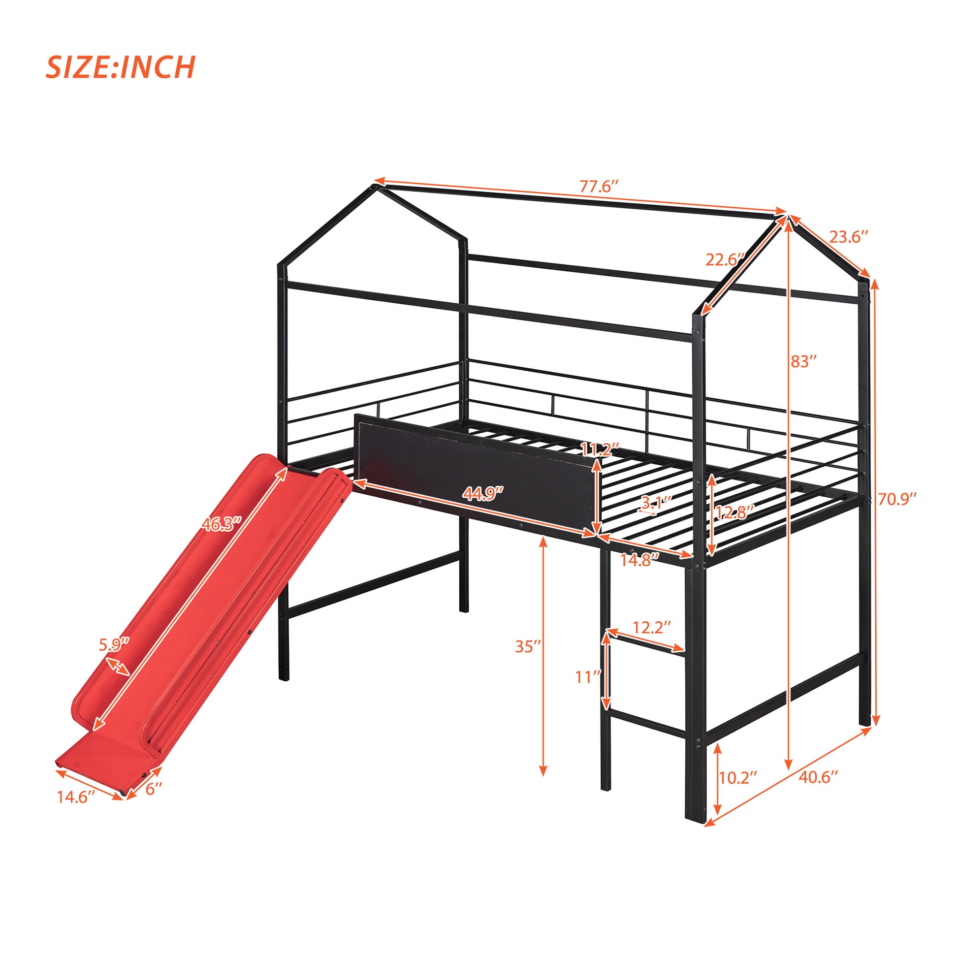 Black metal loft bed with a red slide and detailed dimensions