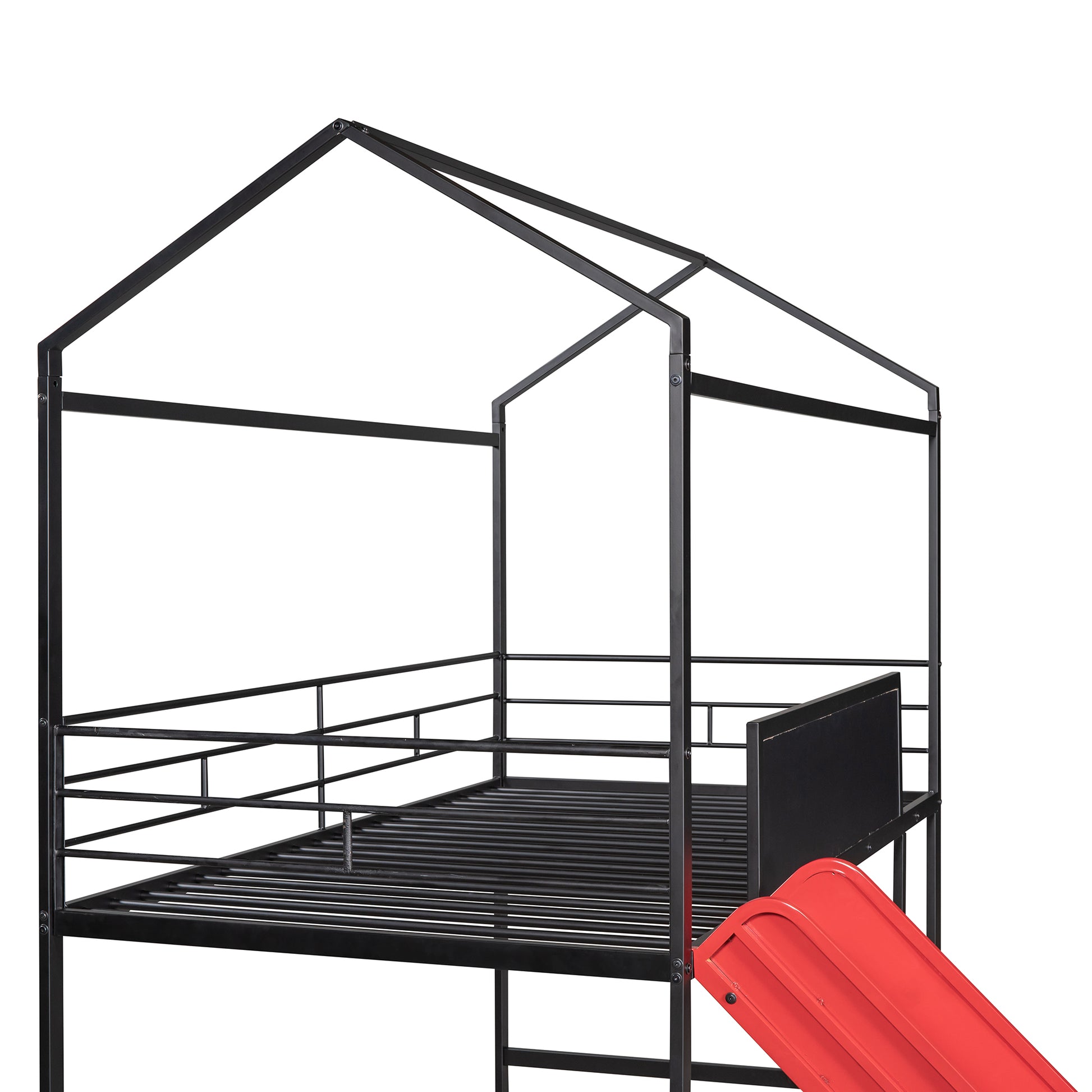 Black metal twin house bed frame with red slide