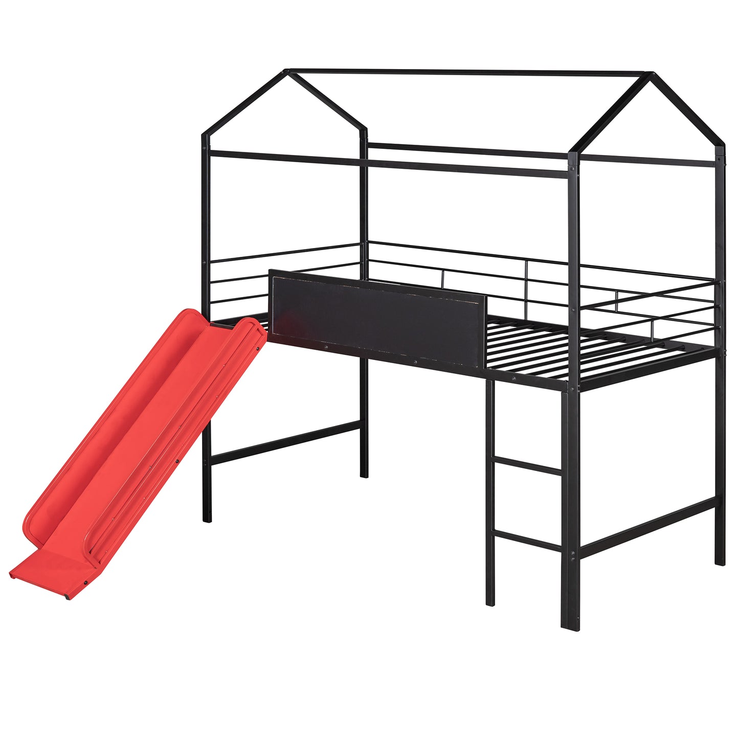 Black metal loft bed with red slide for kids