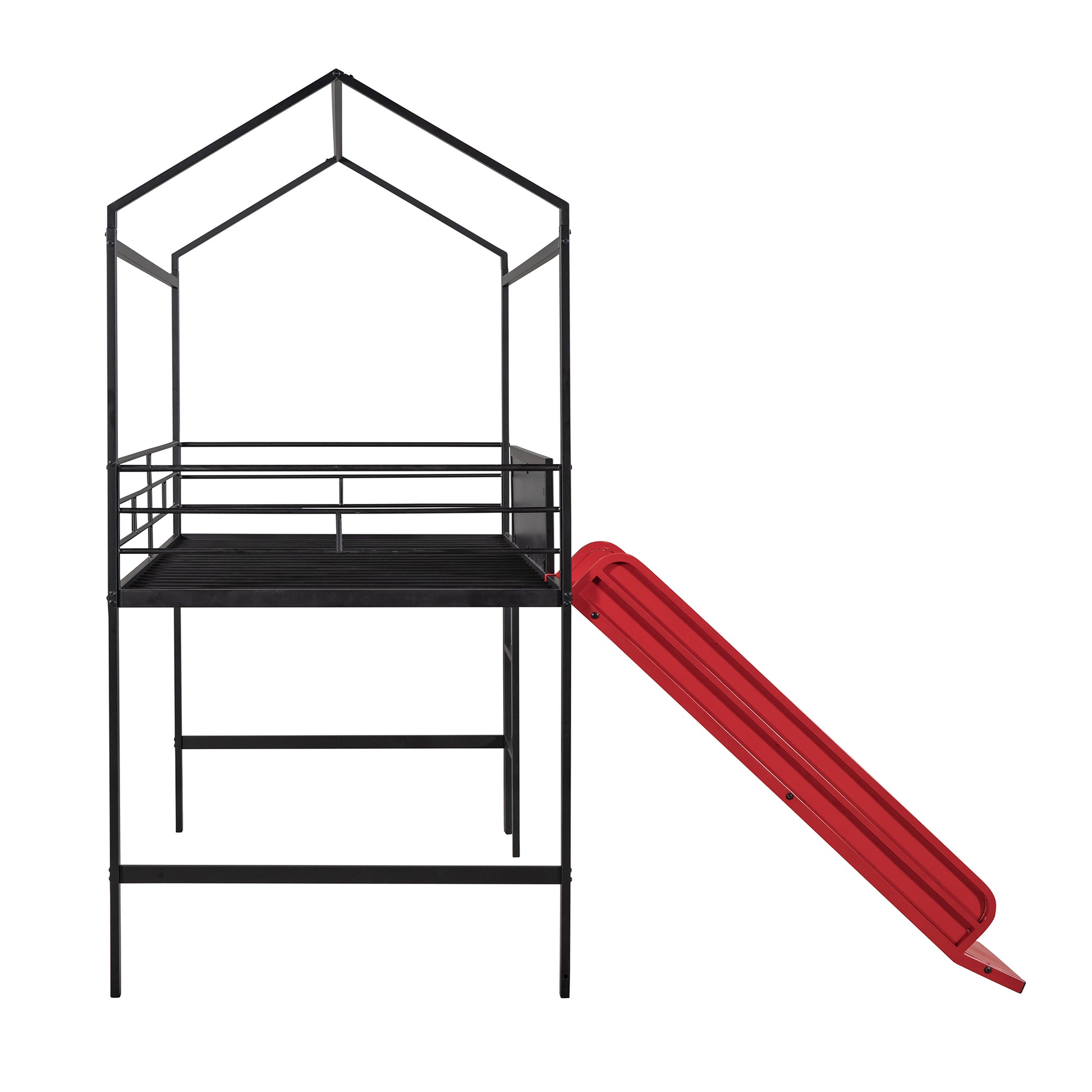 Black metal bunk bed frame with a red slide