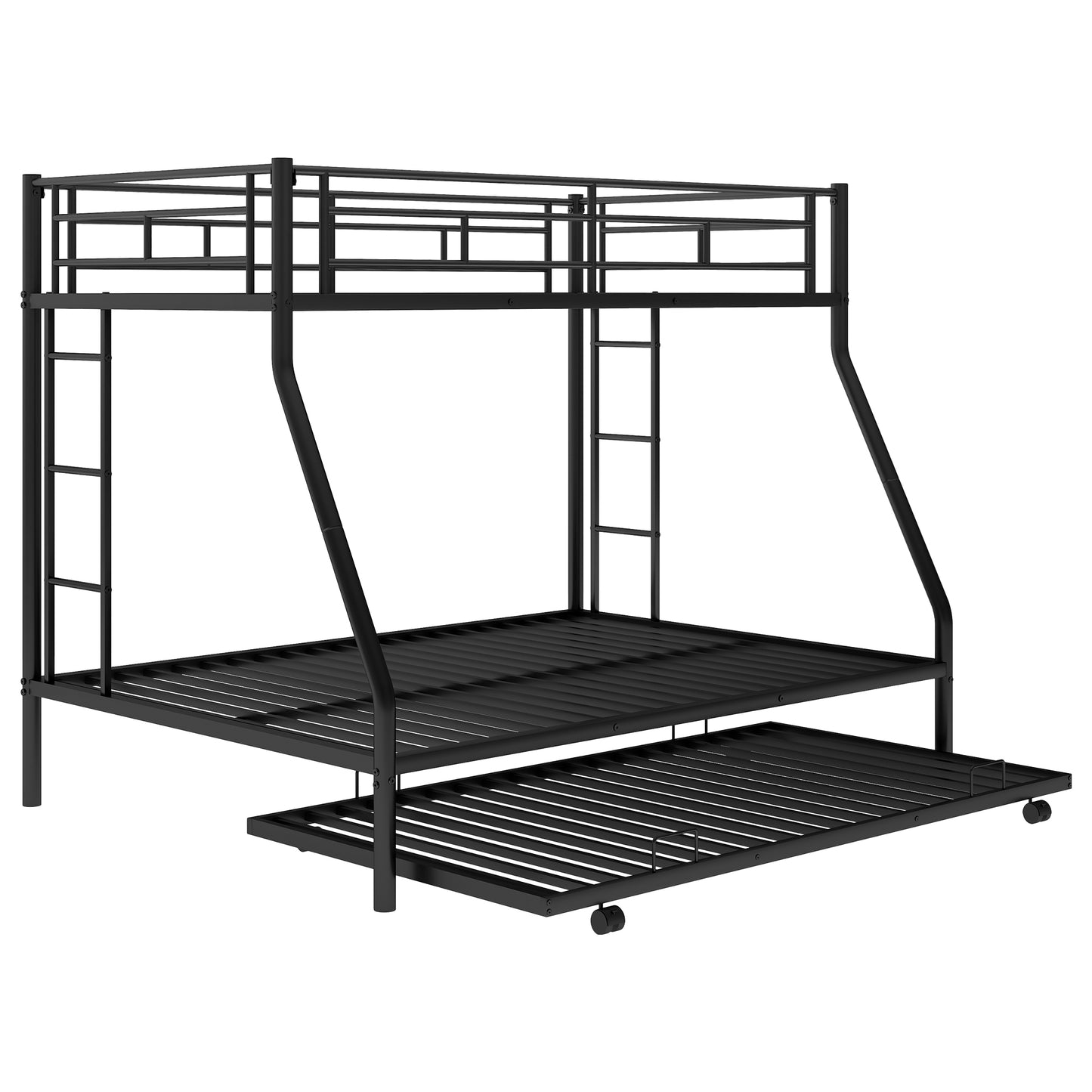 Black metal triple bunk bed with pullout trundle