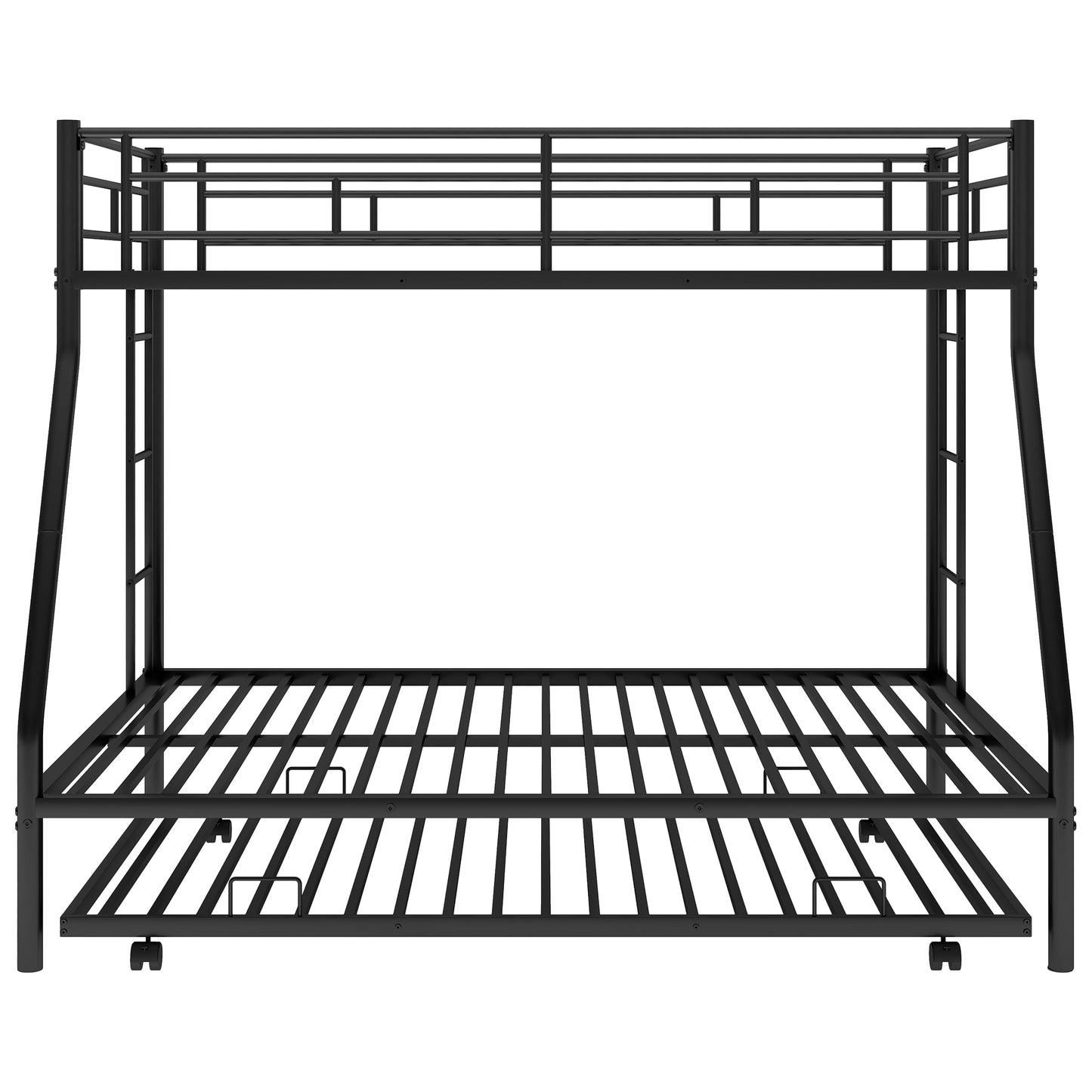 Black metal triple bunk bed with integrated ladders and safety rails