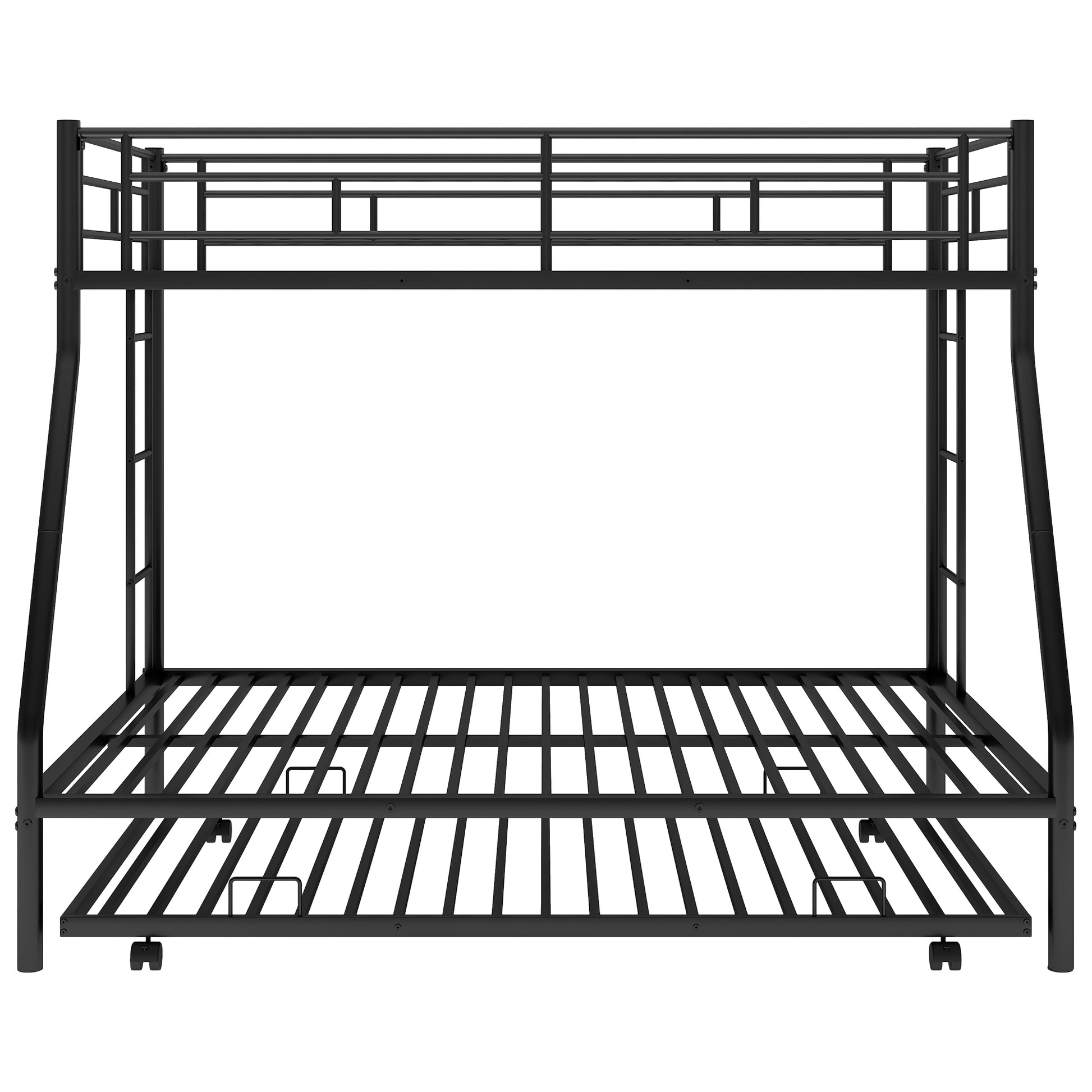 Black metal triple bunk bed with integrated ladders and safety rails