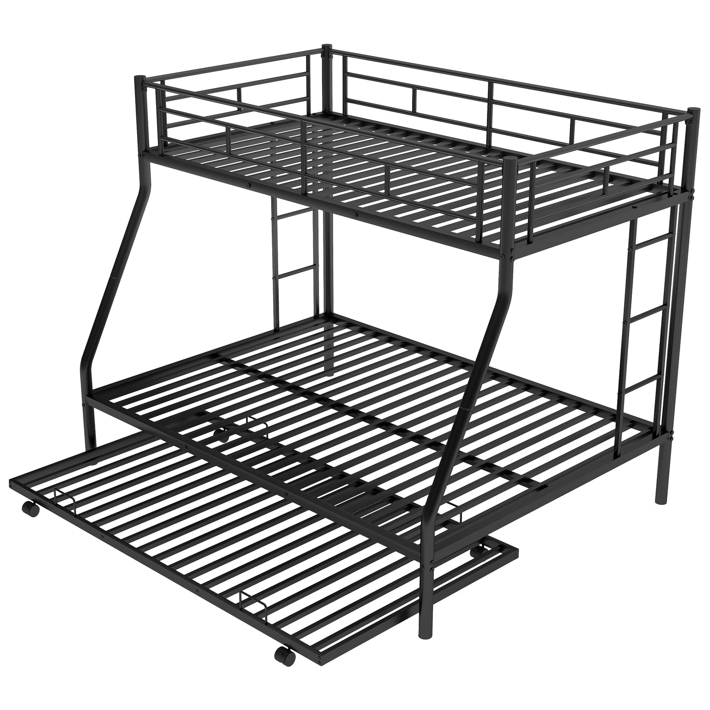 Black metal triple bunk bed with builtin ladder and rolling trundle