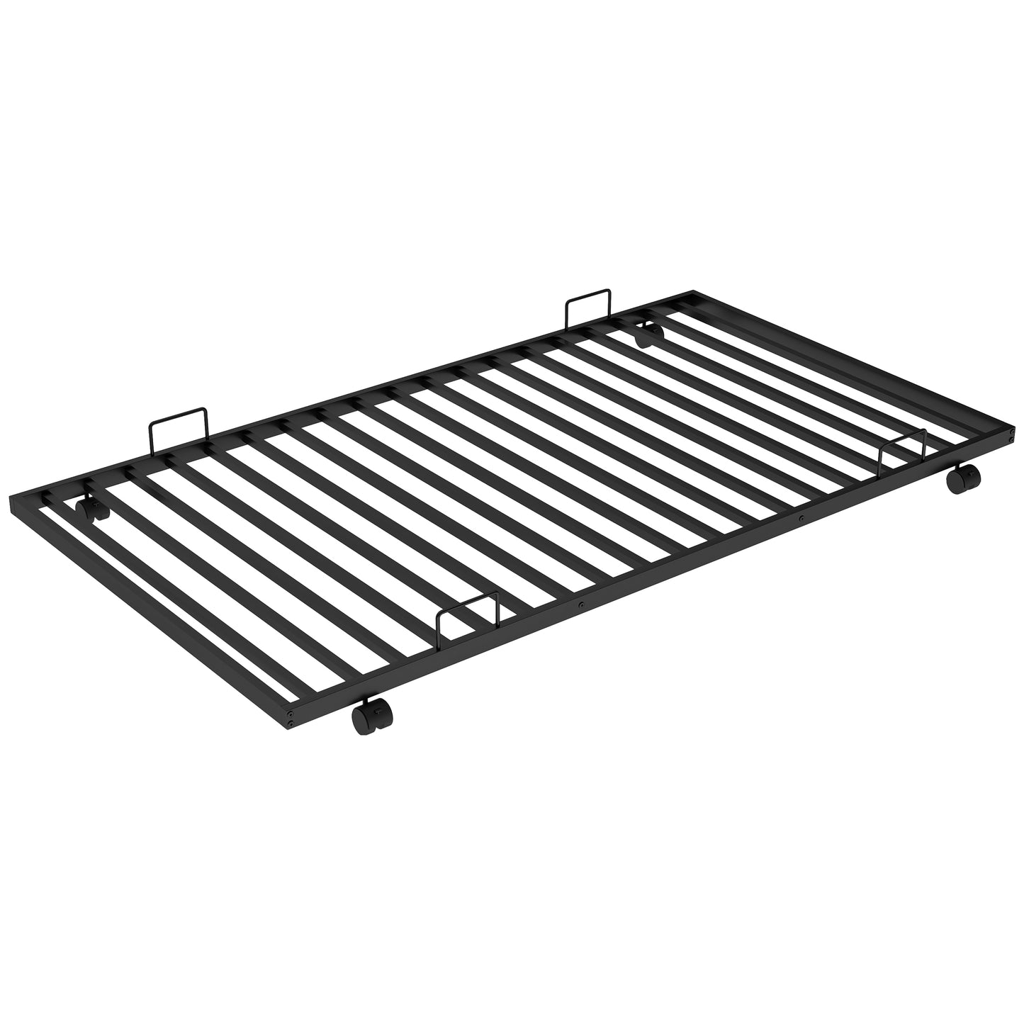 Black metal twin trundle bed frame with rolling wheels and pullup handles