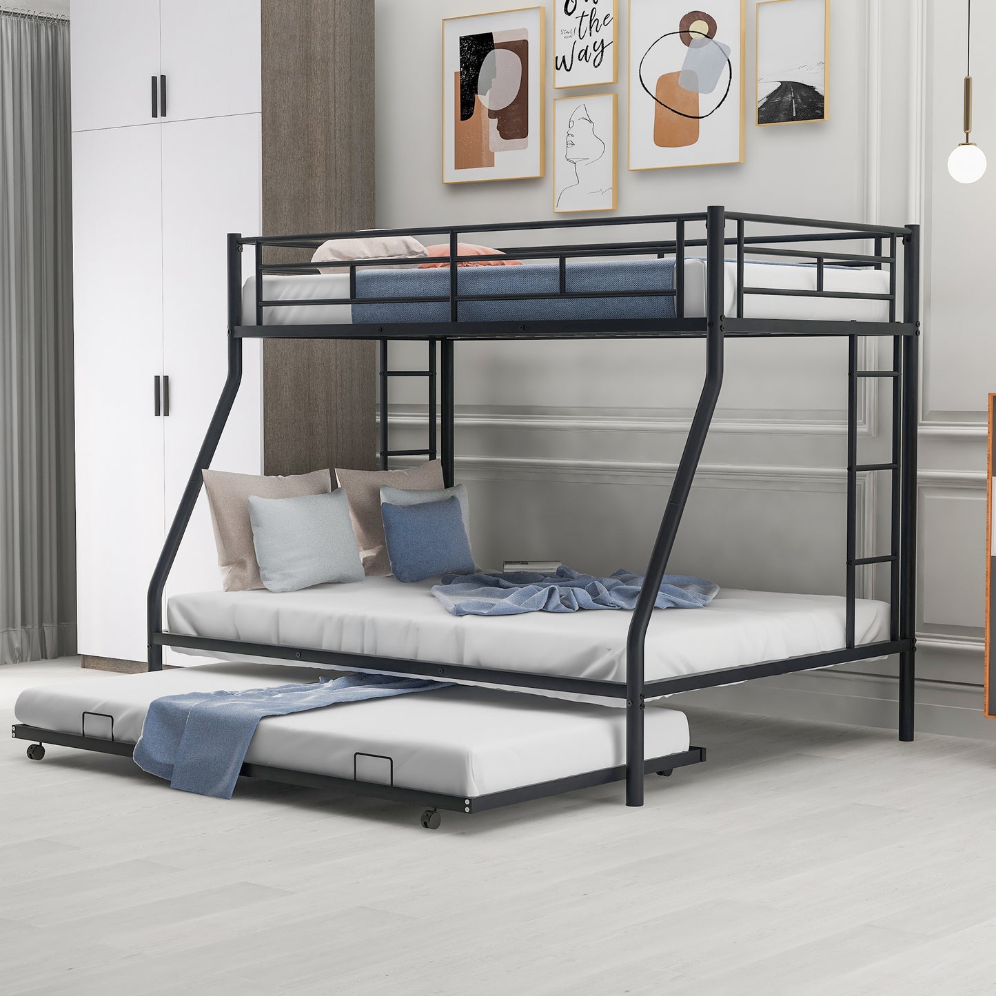 Black metal triple bunk bed with pullout trundle
