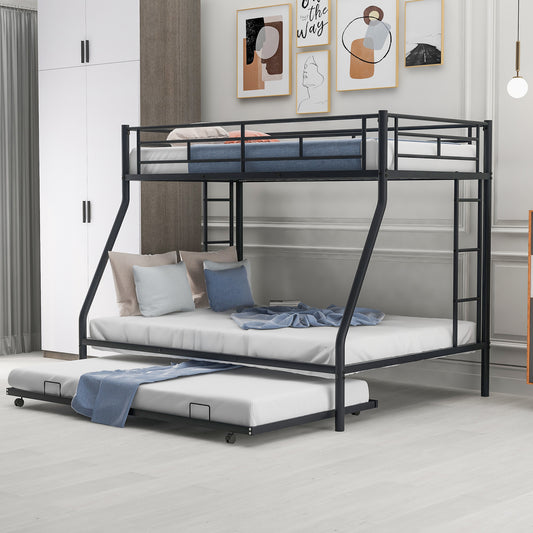Black metal triple bunk bed with pullout trundle