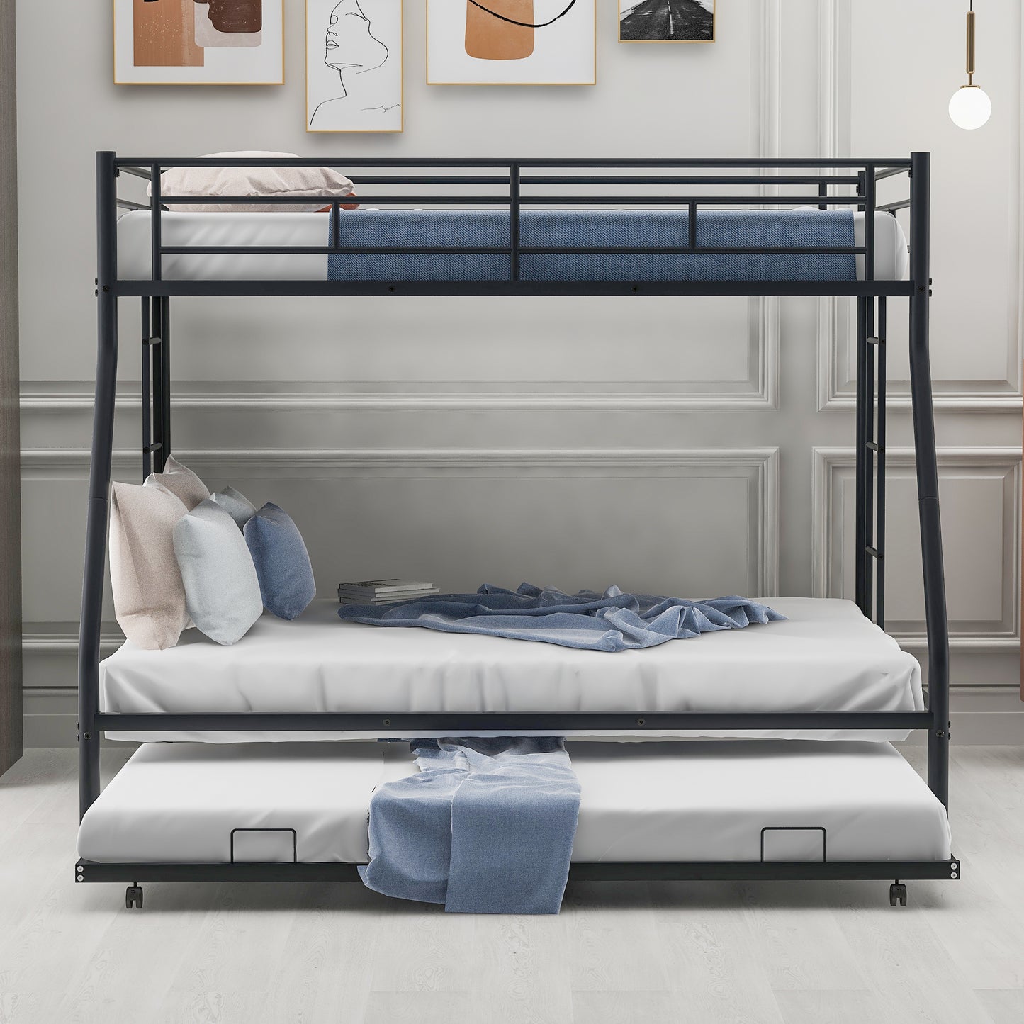 Black metal triple bunk bed with pullout trundle