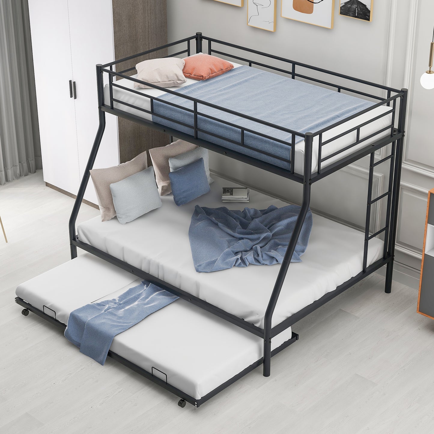 Black metal triple bunk bed with pullout trundle and blue bedding