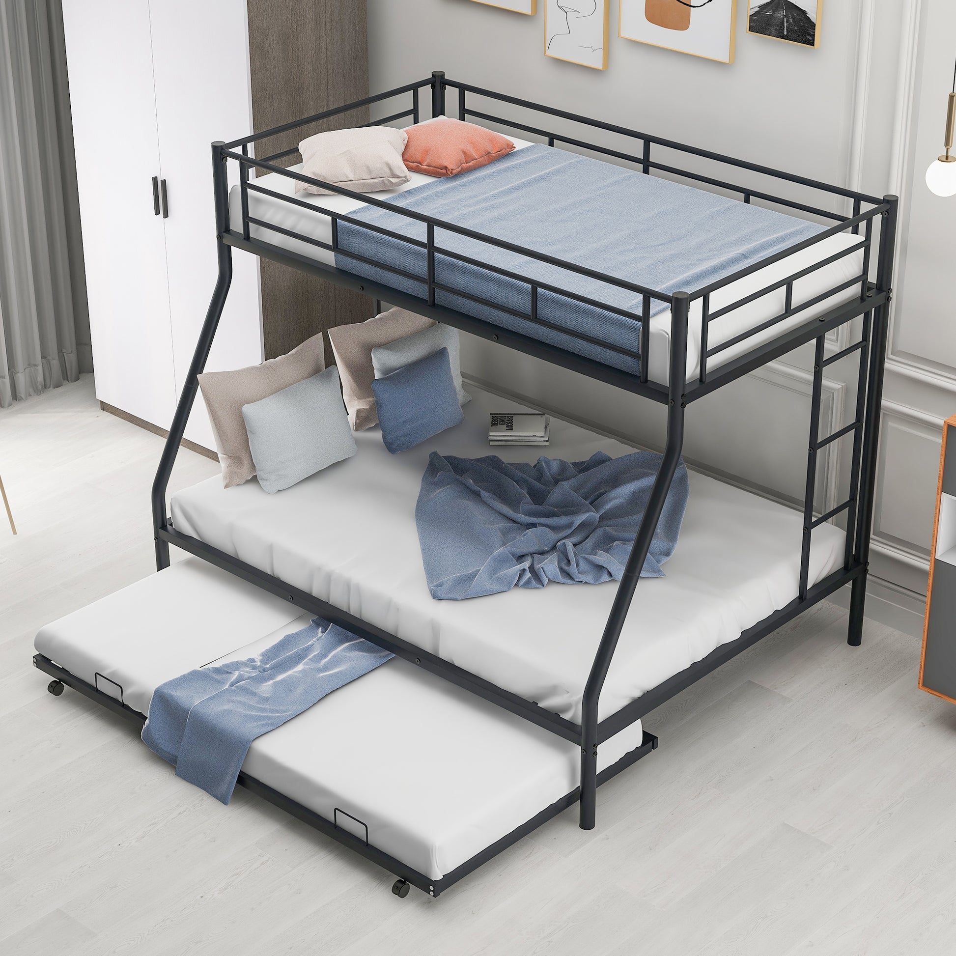 Black metal triple bunk bed with pullout trundle and blue bedding