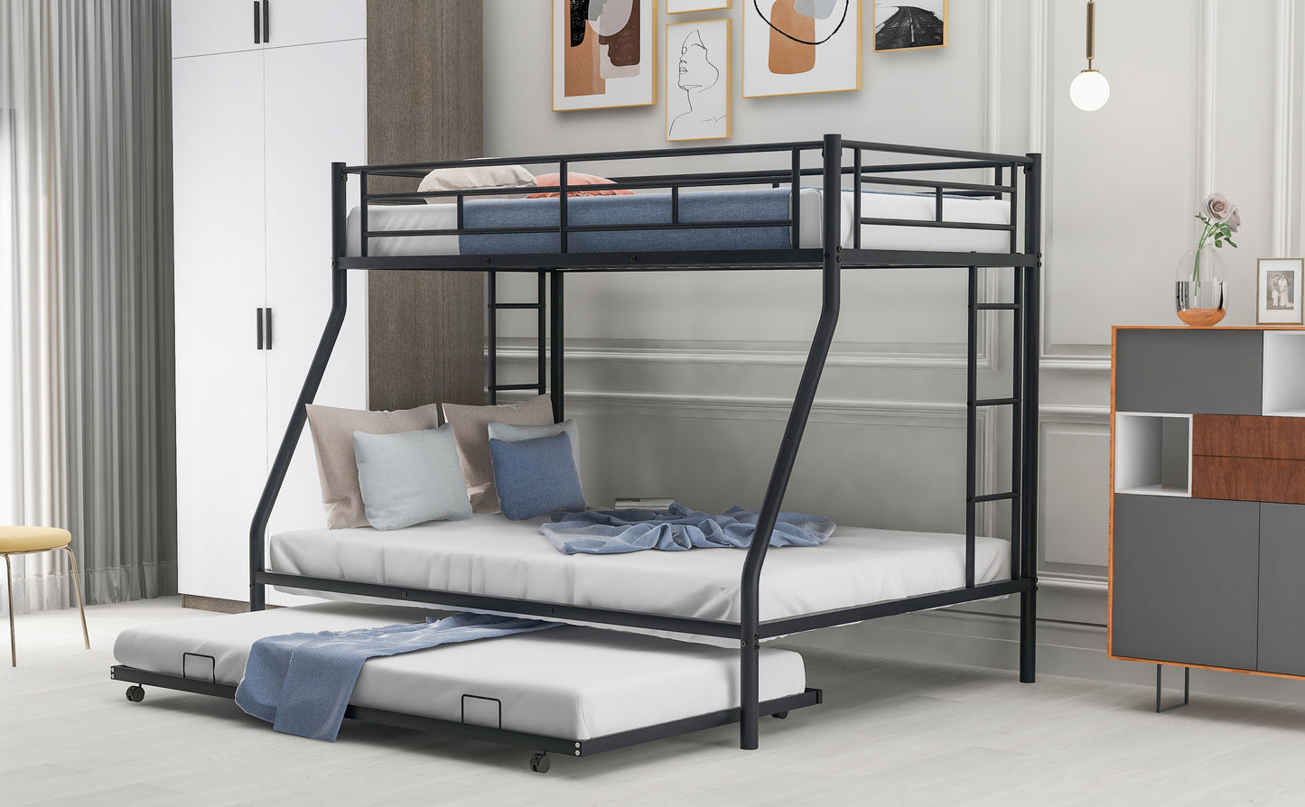 Black metal triple bunk bed with pullout trundle