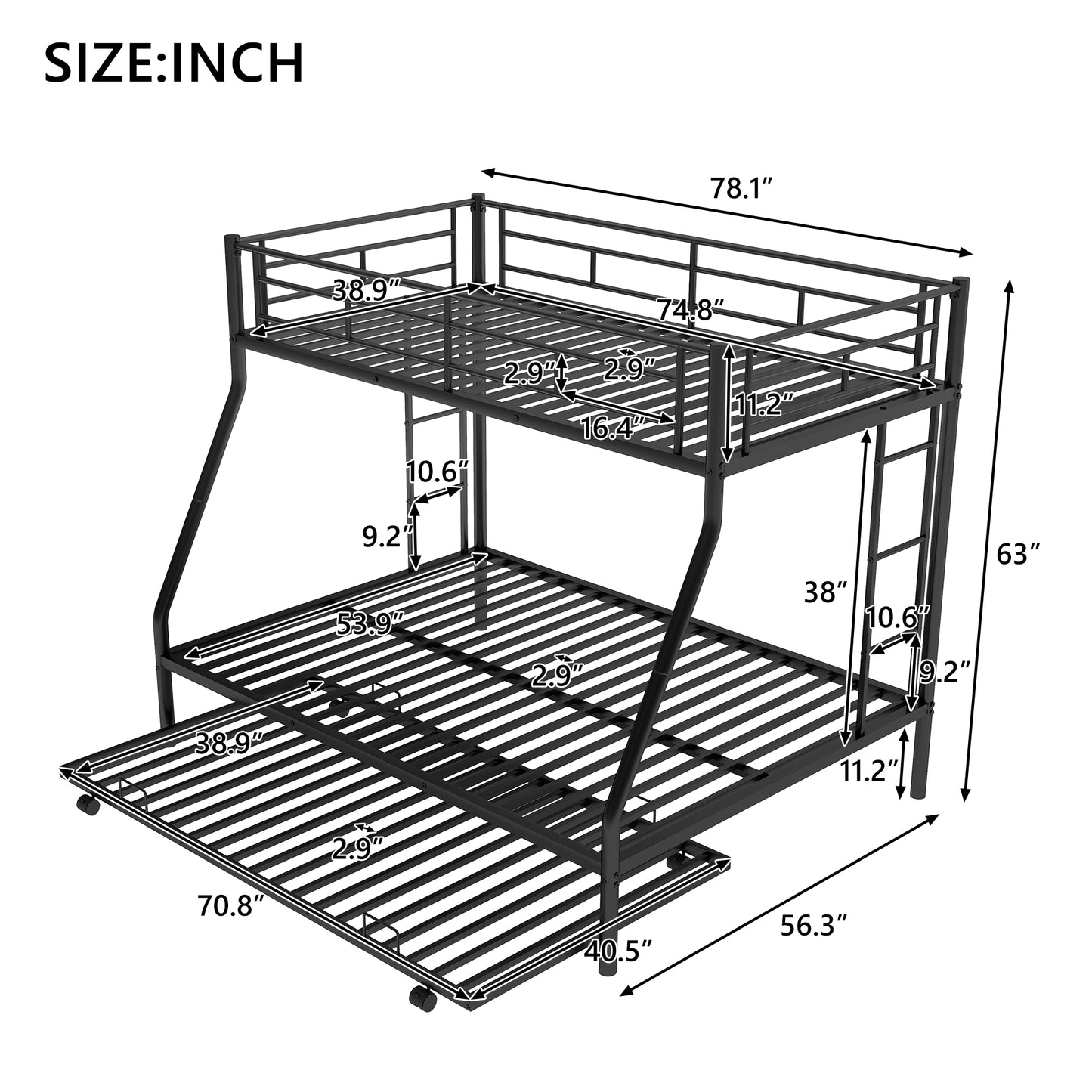 Black metal triple bunk bed with dimensions labeled