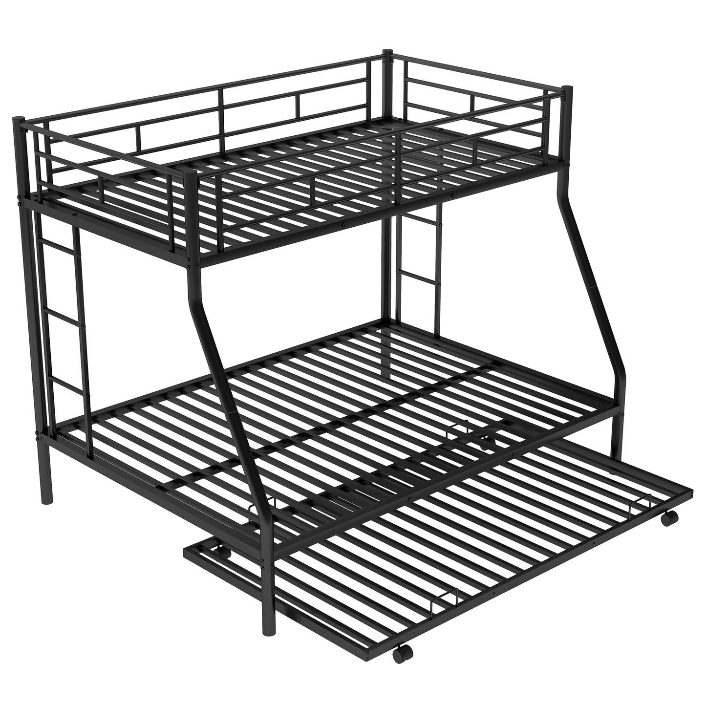 Black metal triple bunk bed with pullout trundle