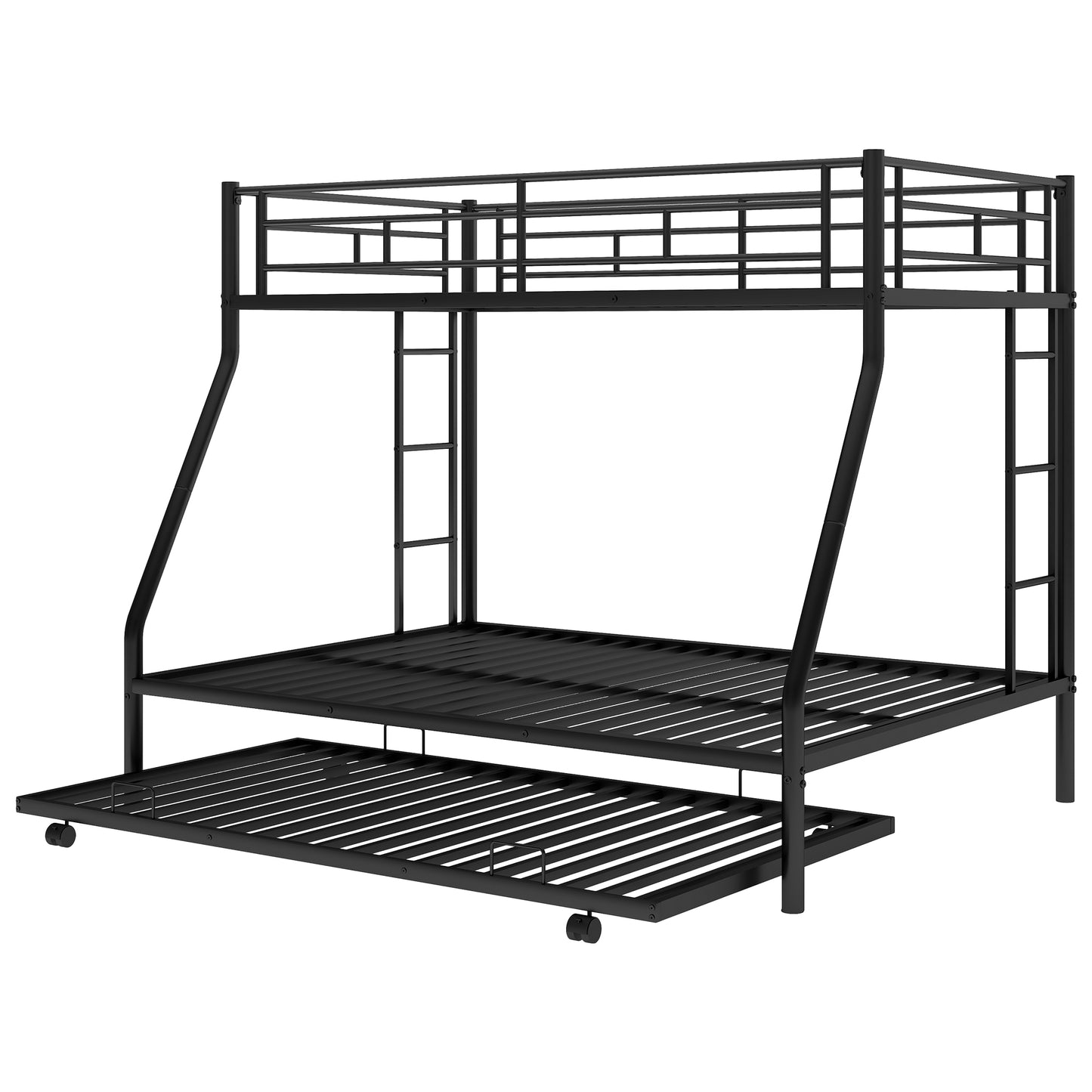 Black metal triple bunk bed with integrated rollout trundle