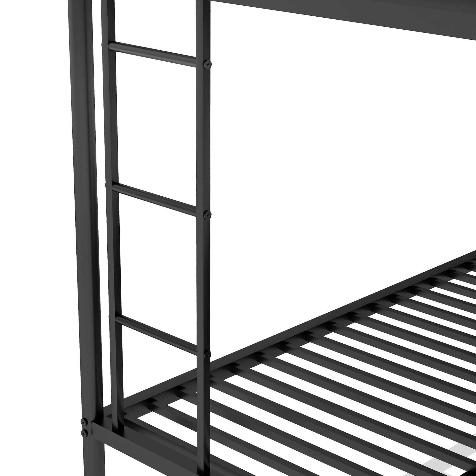 Closeup of a black metal twin over twin bunk bed frame showing ladder detail