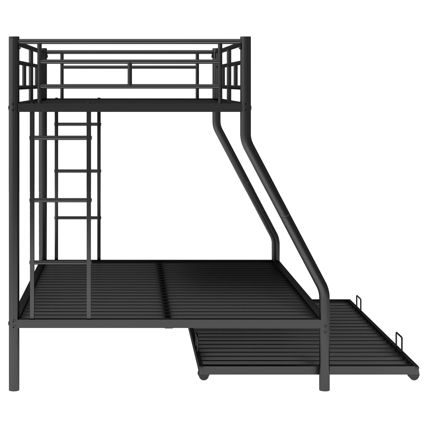 Black metal triple bunk bed with ladder and slide
