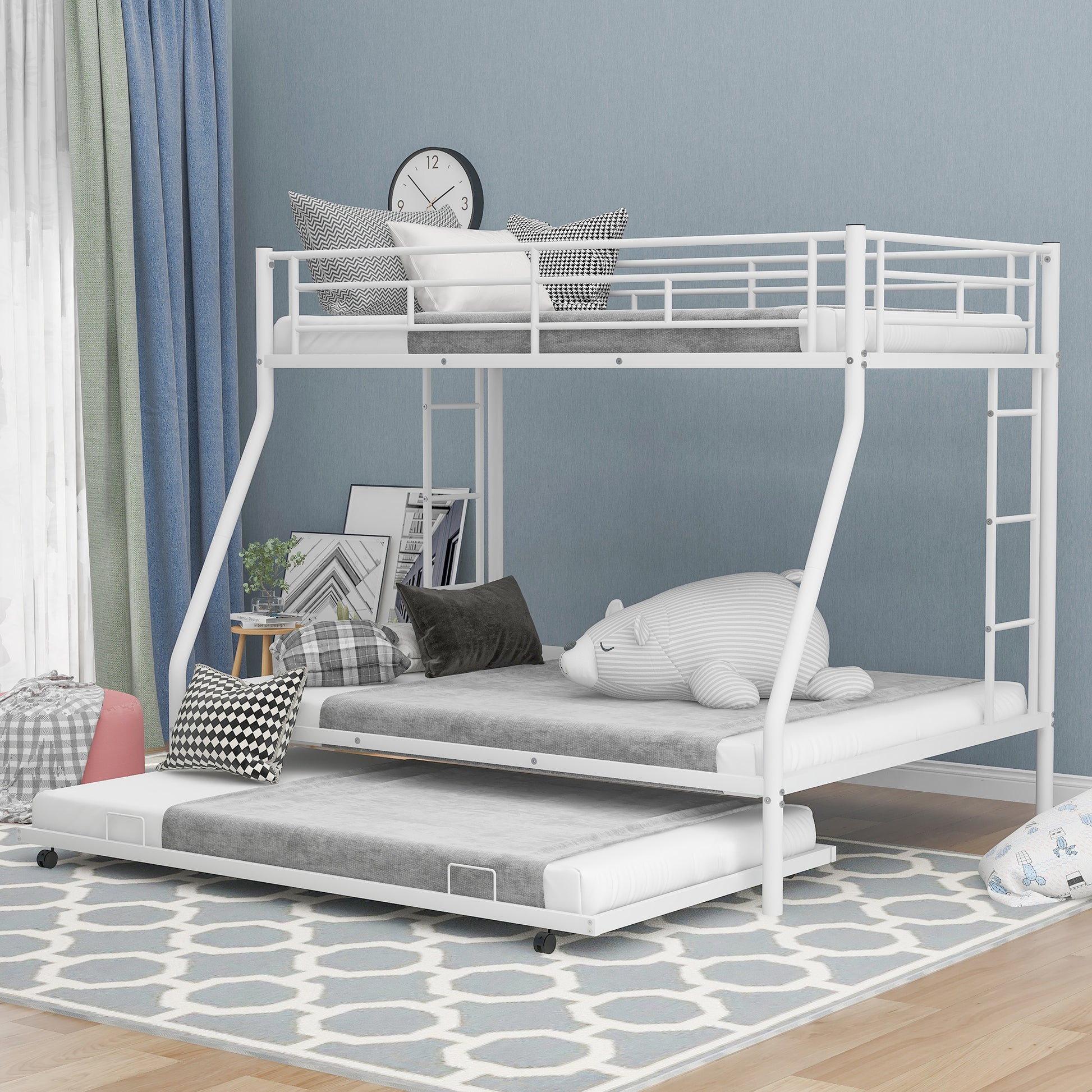 White metal triple bunk bed with rollout trundle