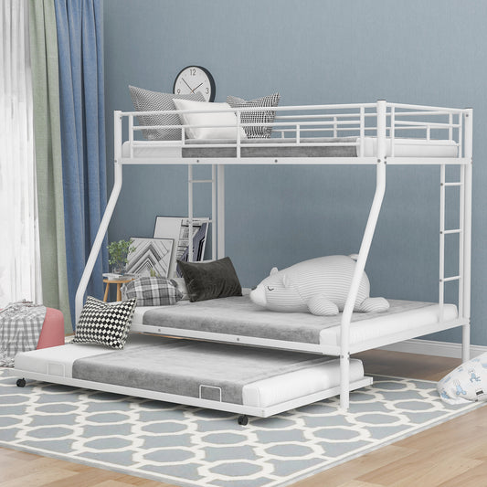 White metal triple bunk bed with rollout trundle