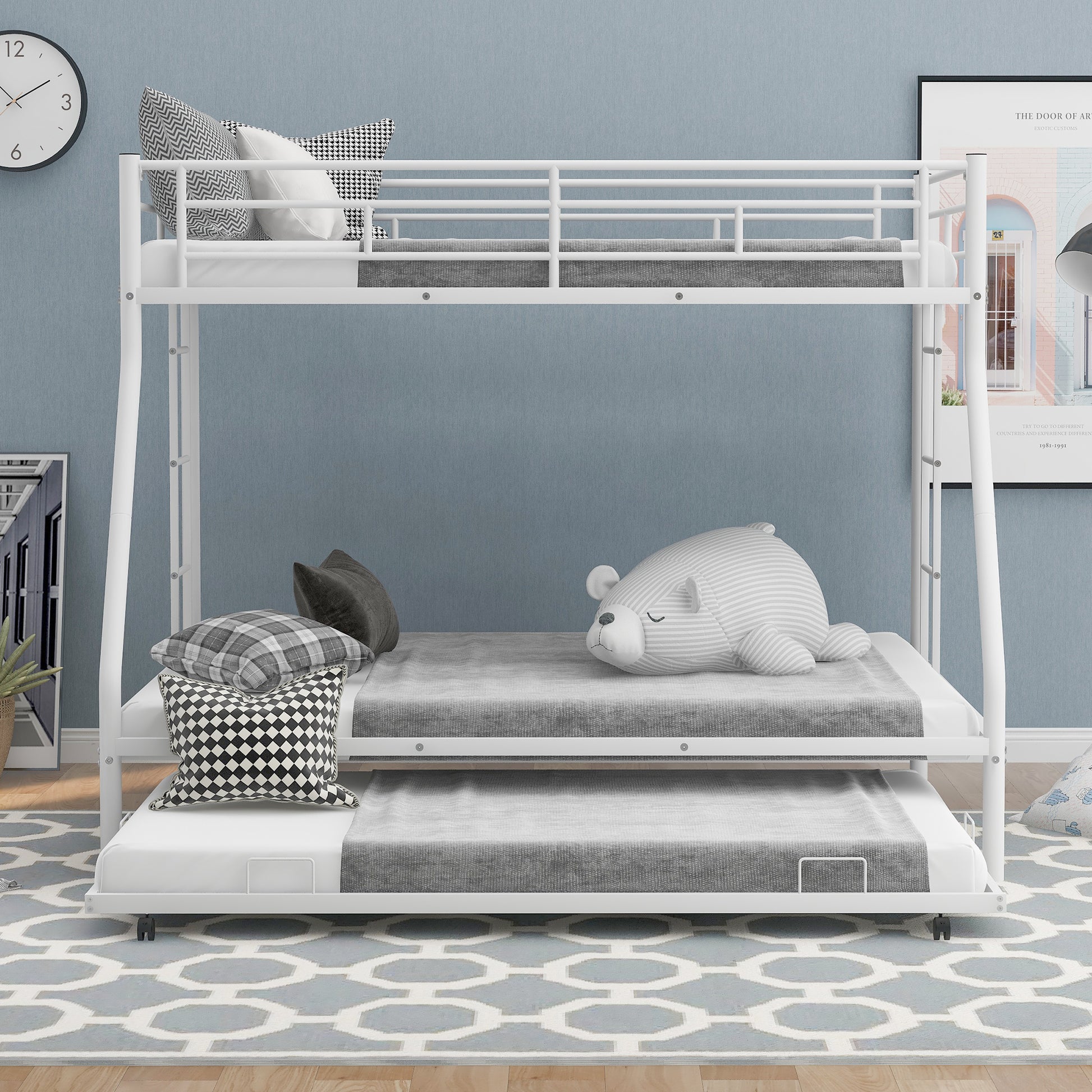 White metal triple bunk bed with trundle