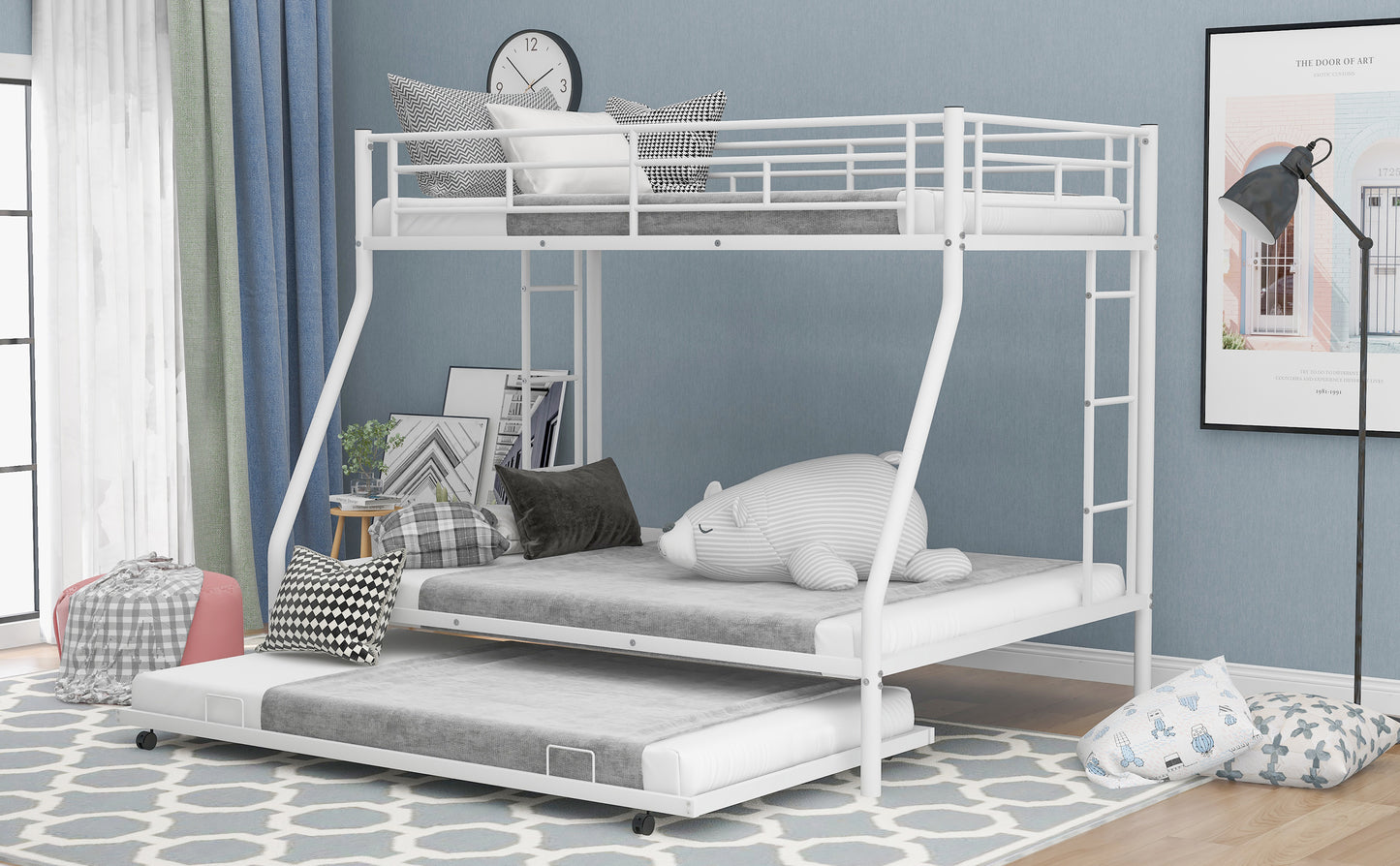 White metal bunk bed with pullout trundle