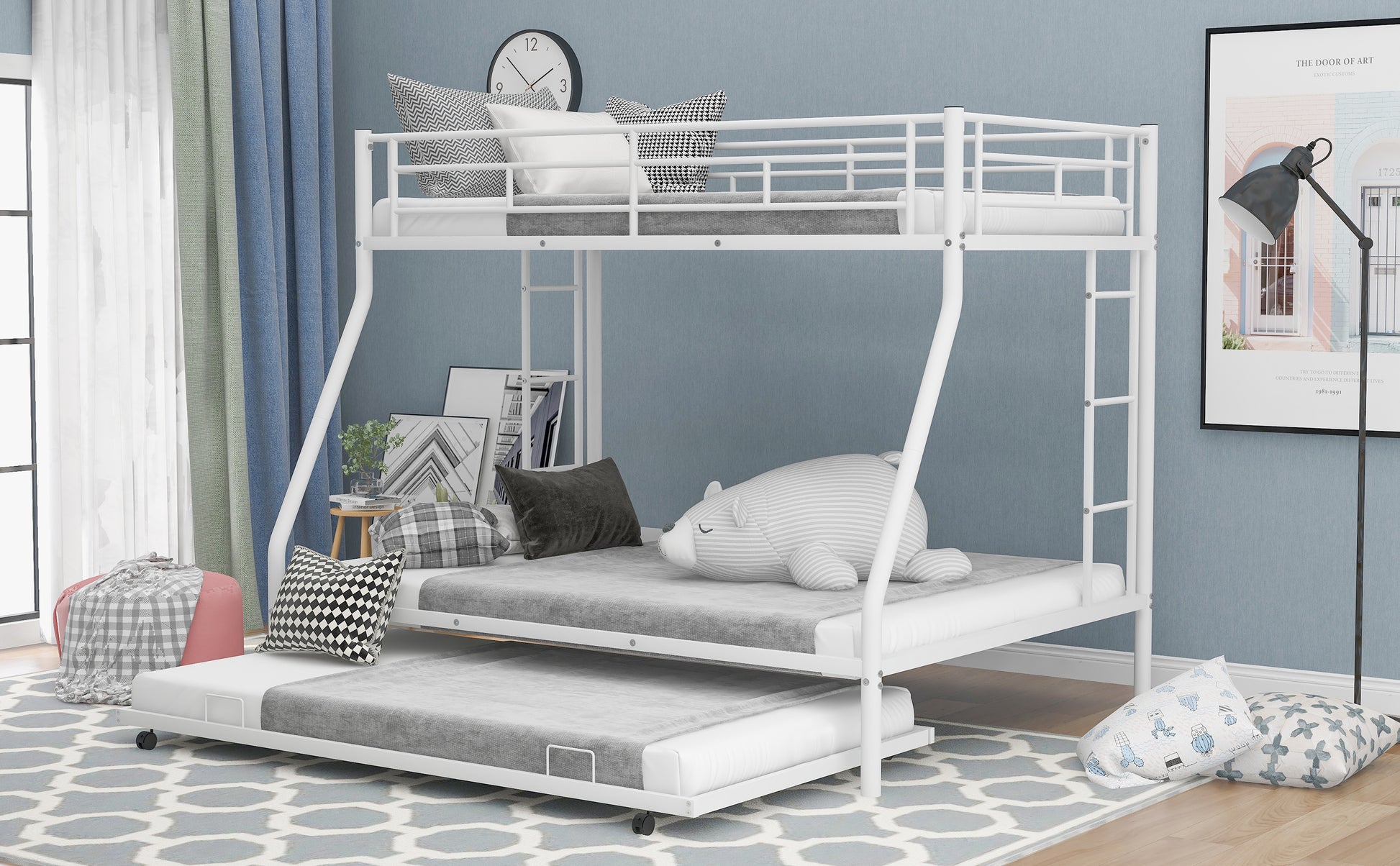 White metal bunk bed with pullout trundle