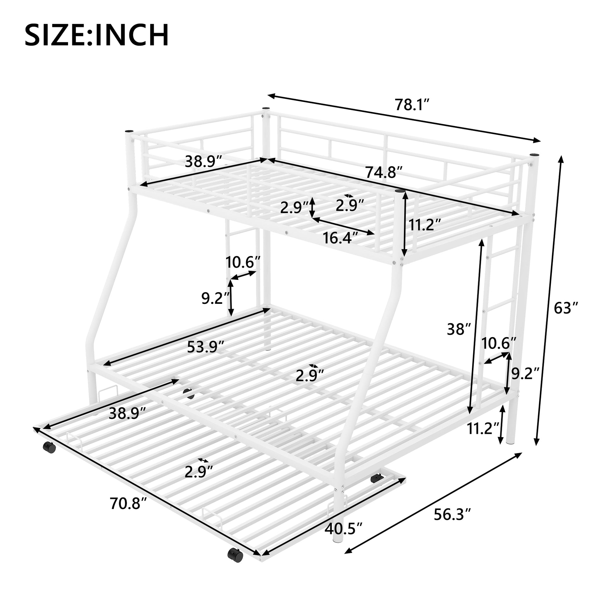 White metal triple bunk bed with dimensions labeled