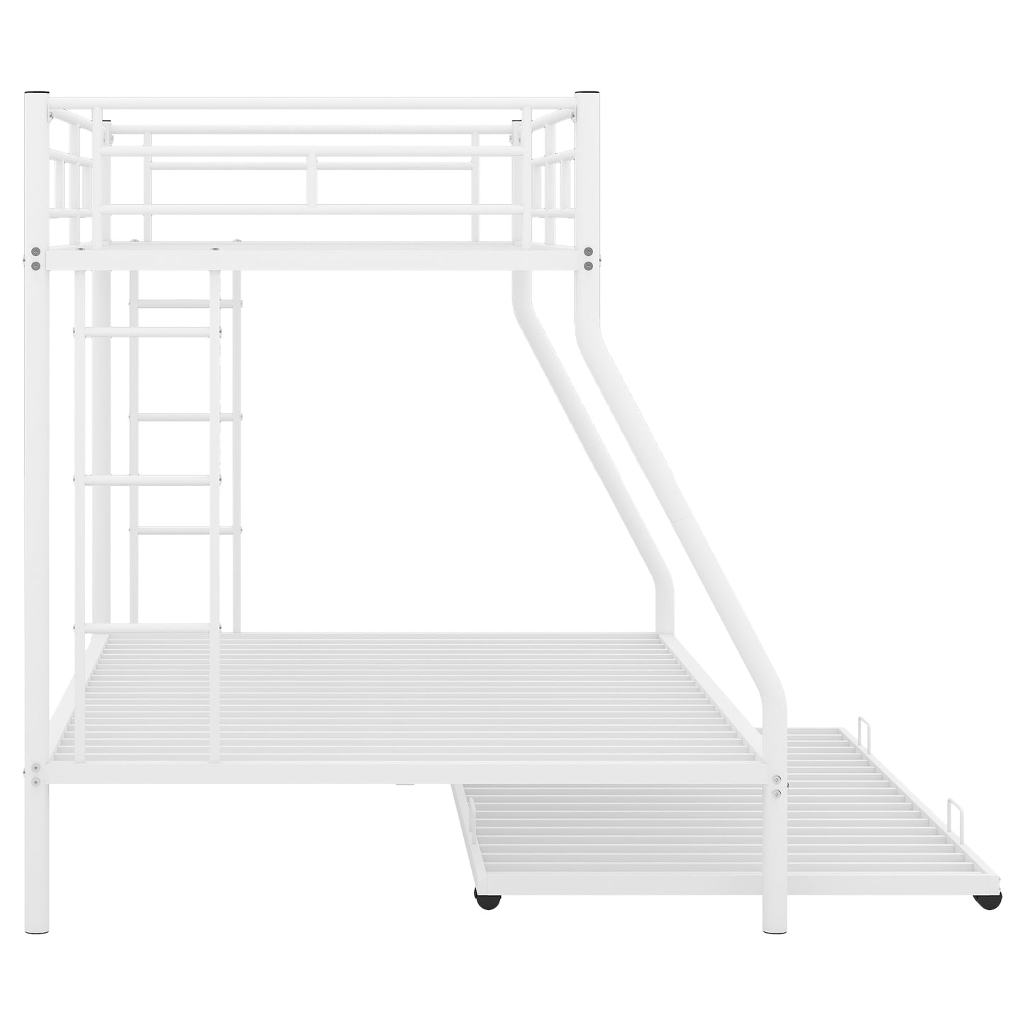 White metal triple bunk bed with ladder