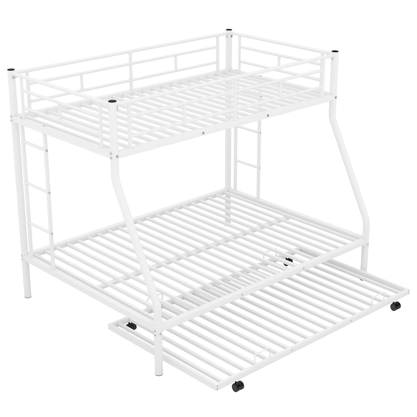 White metal triple bunk bed with a pullout trundle