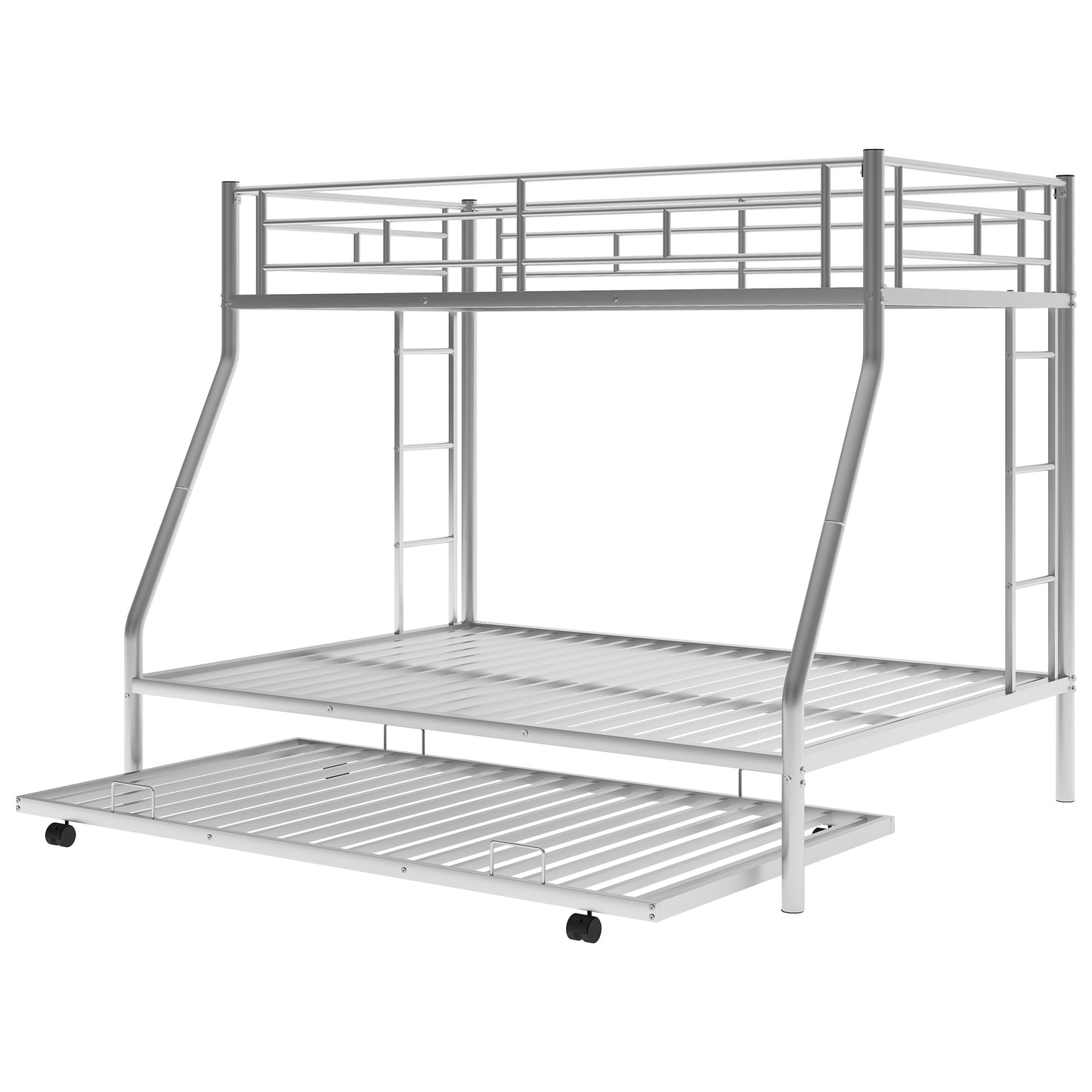Silver metal triple bunk bed with trundle ideal for maximizing sleeping space