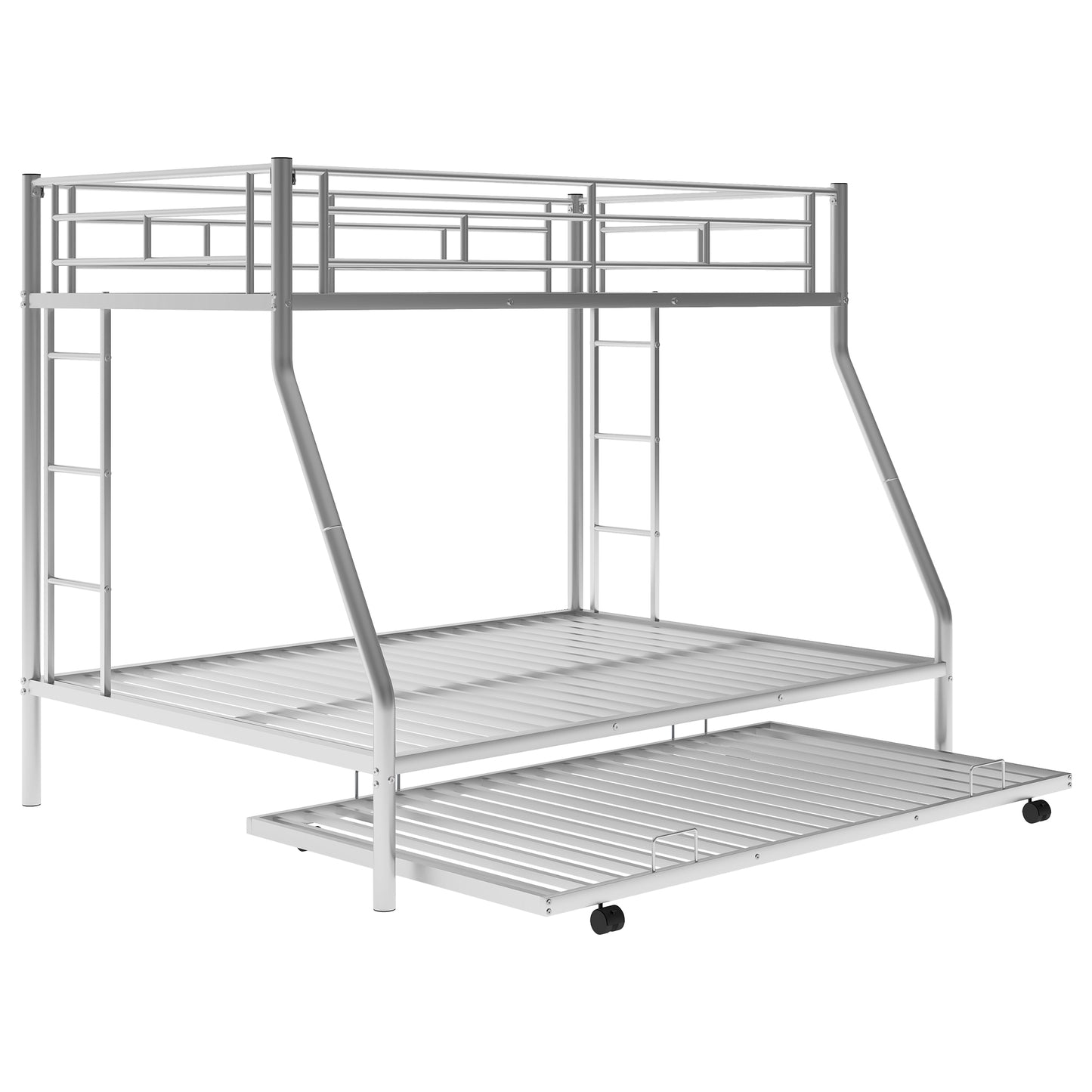 Silver metal triple bunk bed with integrated ladder and trundle