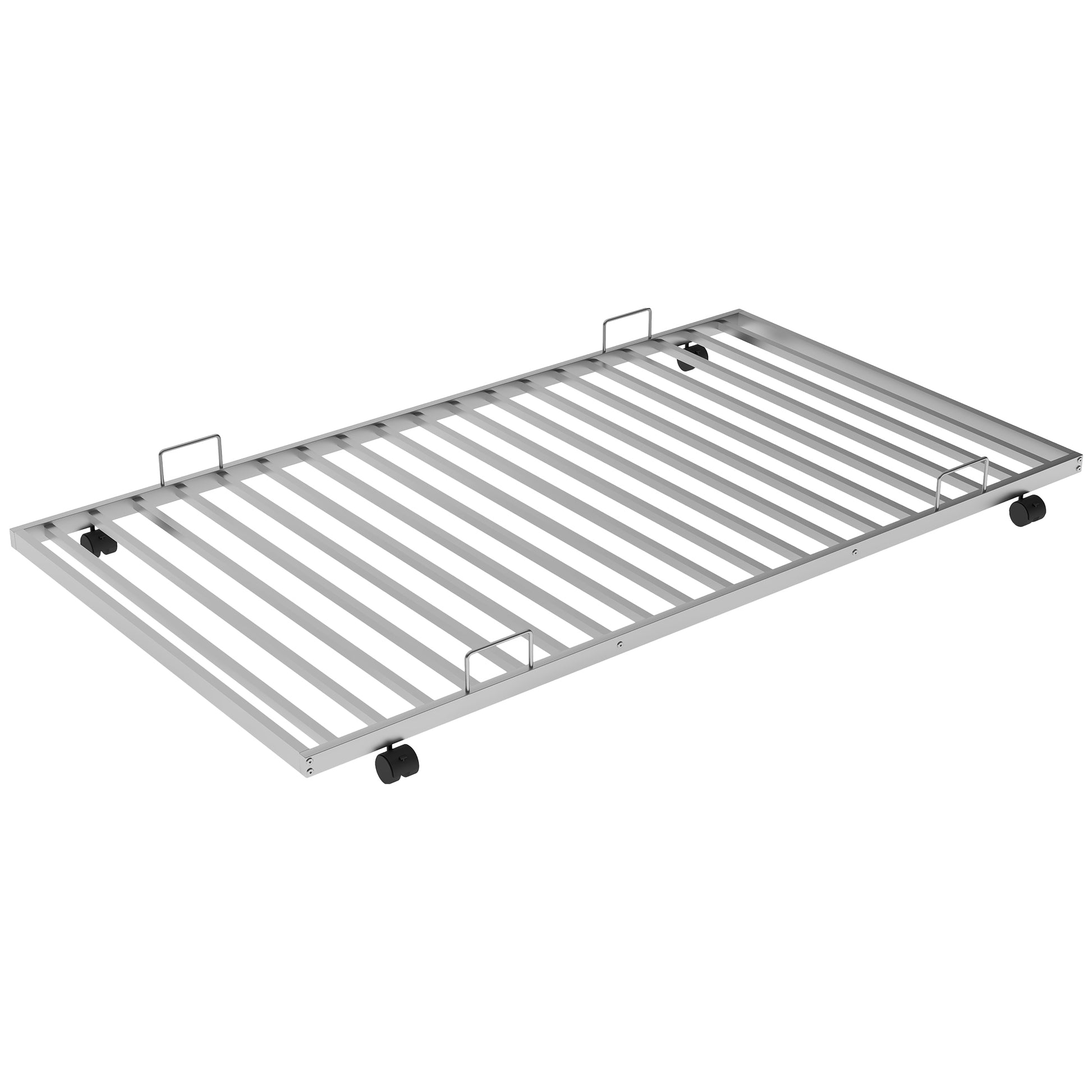 Silver metal twin bed frame with wheels and rails