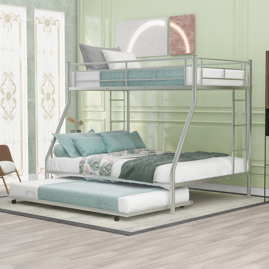 TREATLIFE HOME Twin Over Full Bunk Bed with Sturdy Steel Frame and Twin Size Trundle, Silver Color, Versatile Design