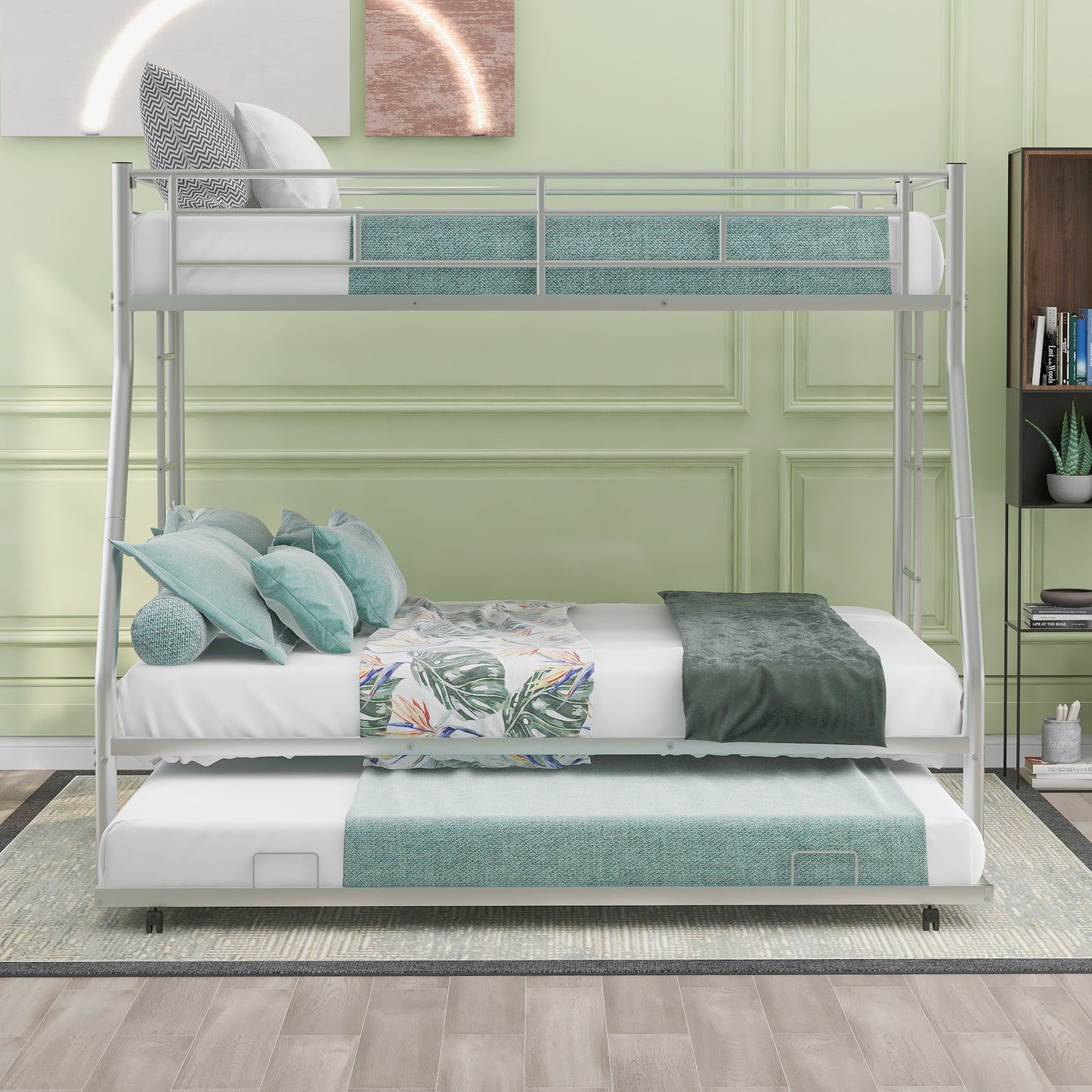 Silver metal triple bunk bed with pullout trundle teal bedding and tropical print accent pillows