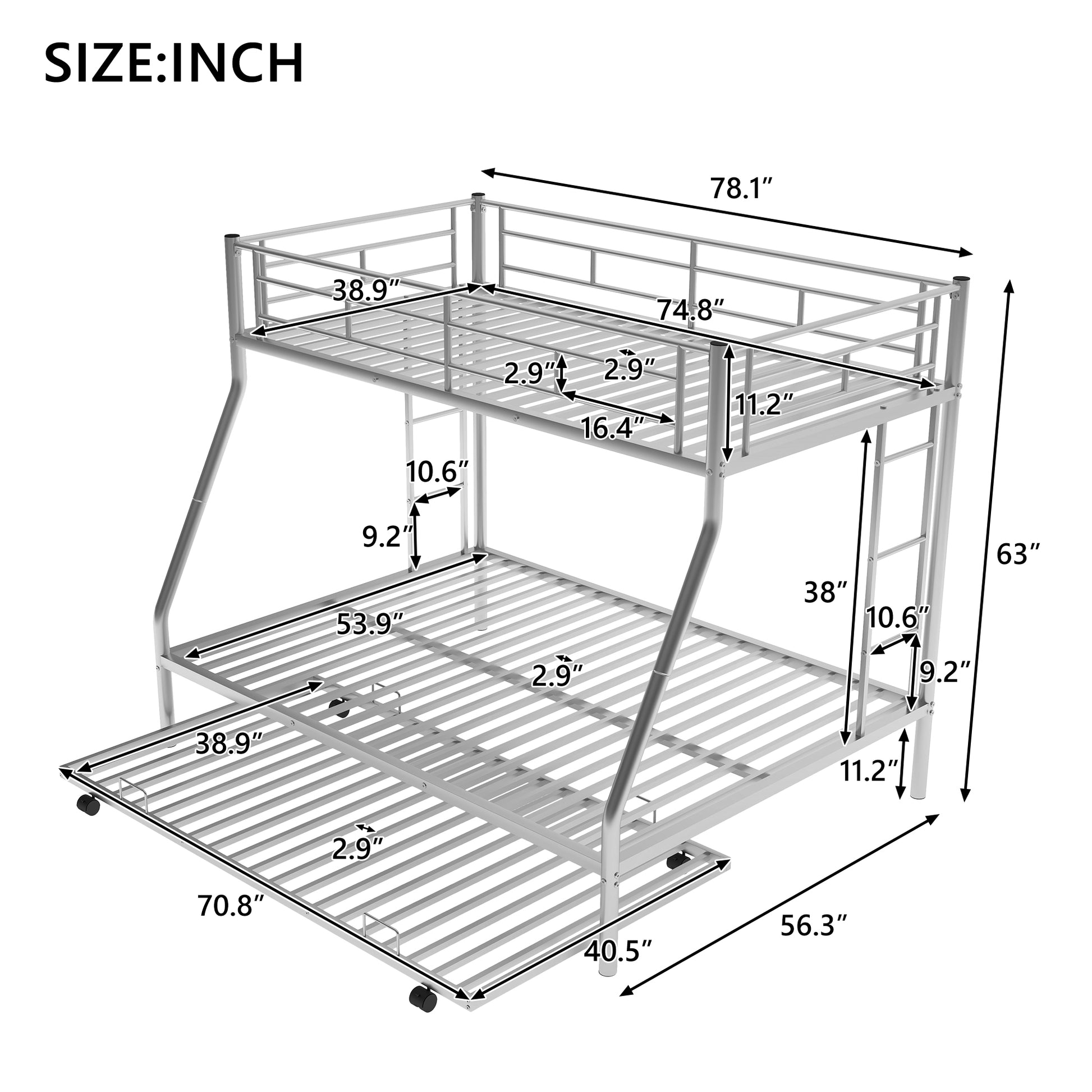 Silver metal triple bunk bed with dimensions shown