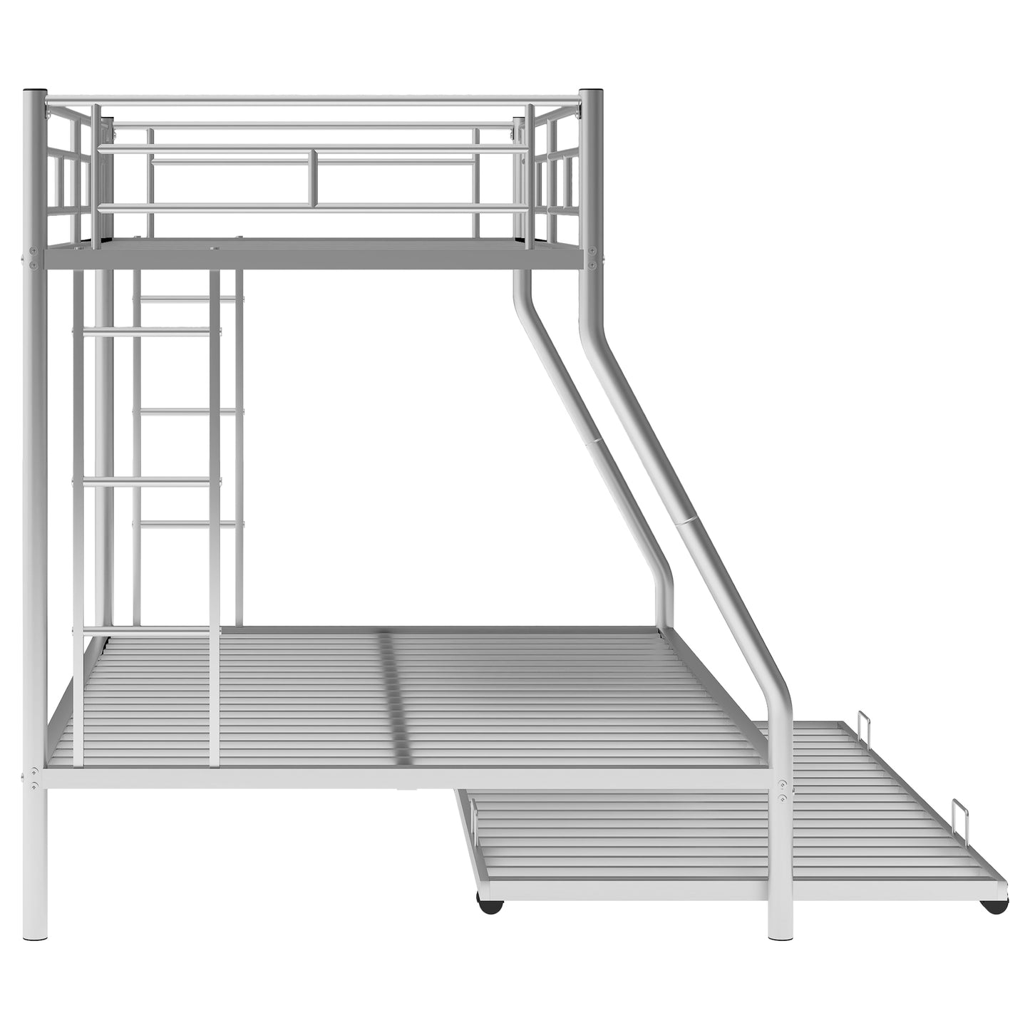 Silver metal bunk bed with integrated ladder and pullout trundle bed