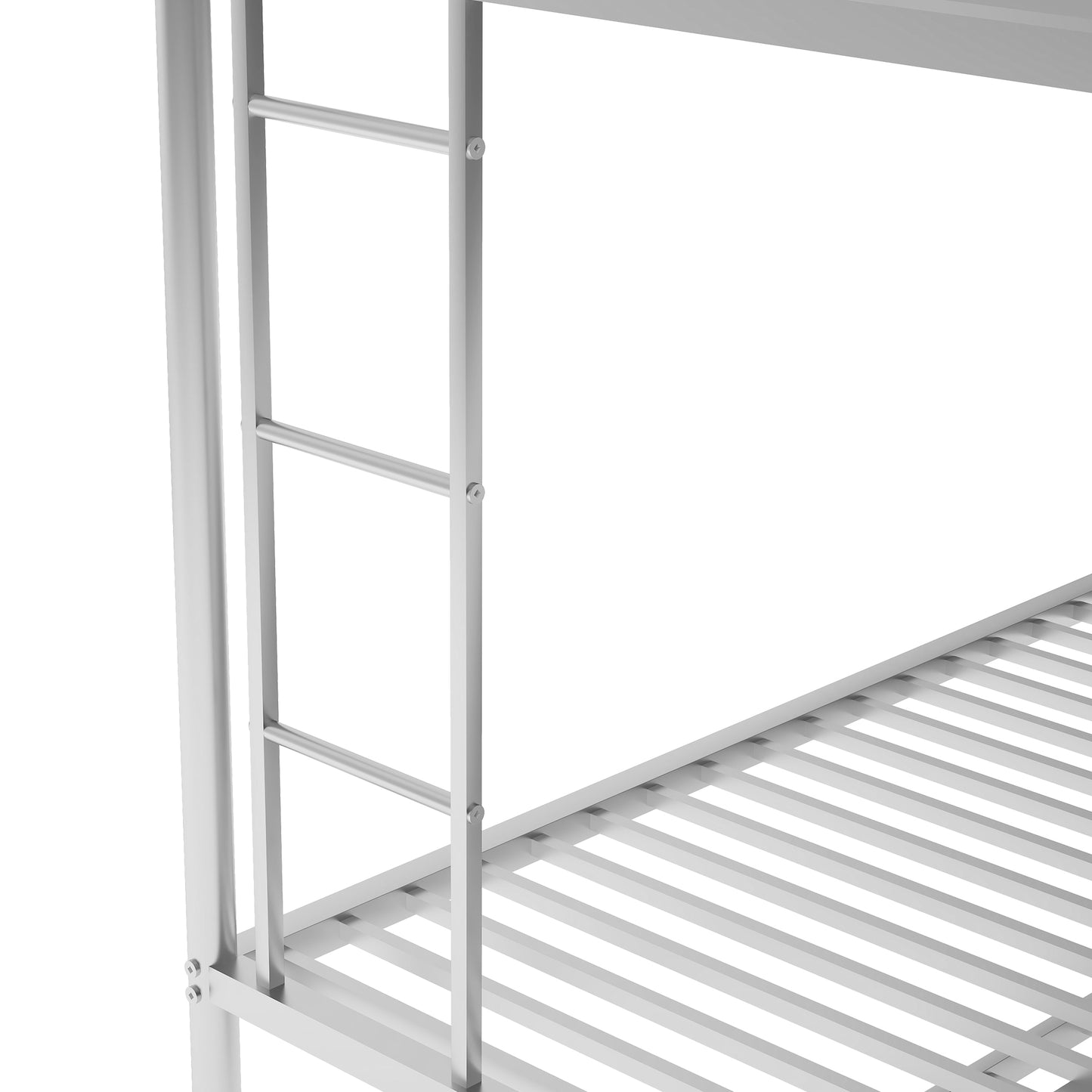 Silver metal bunk bed frame detail with ladder and slatted base