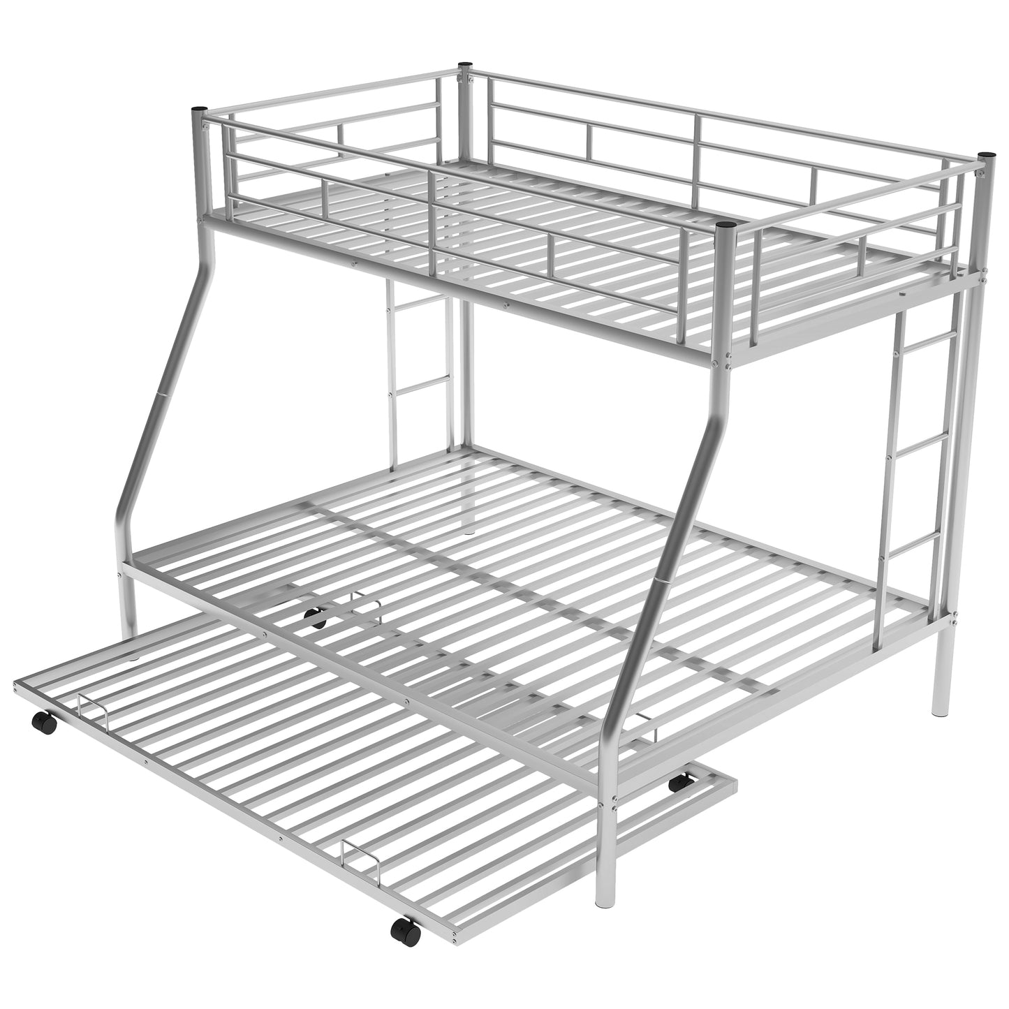 Silver metal triple bunk bed with pullout trundle