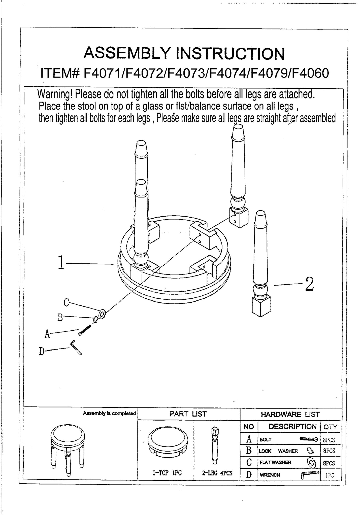 Diagram showing assembly of a stool with labeled parts TOP and LEG